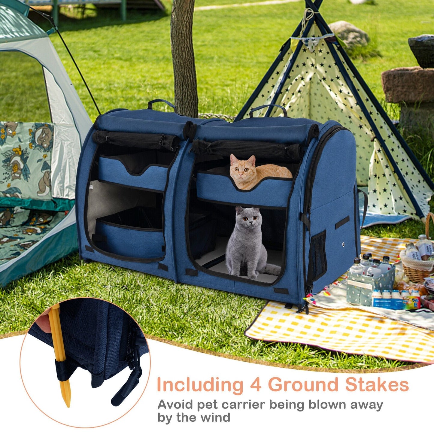 Double Compartment Pet Carrier with 2 Removable Hammocks-Black