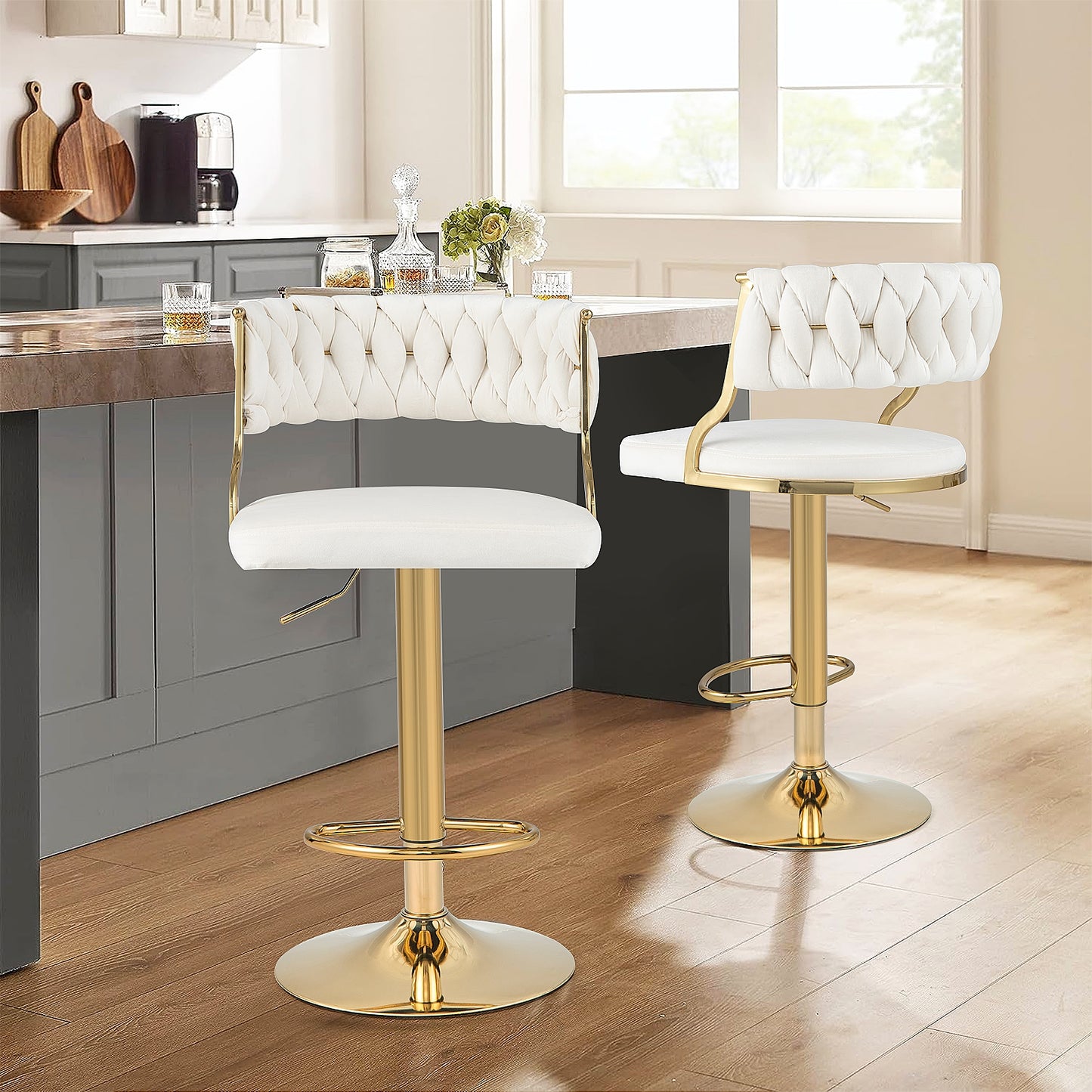 Swivel Barstool with Woven Back Set of 2 for Kitchen Island Cafe-White