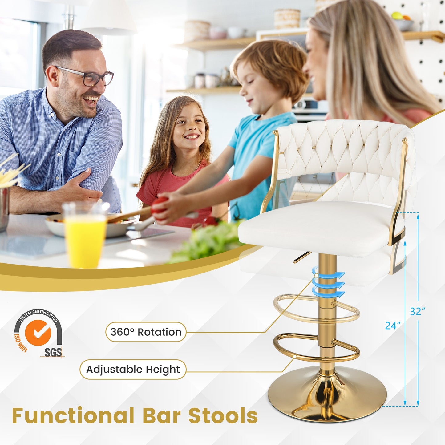 Swivel Barstool with Woven Back Set of 2 for Kitchen Island Cafe-White