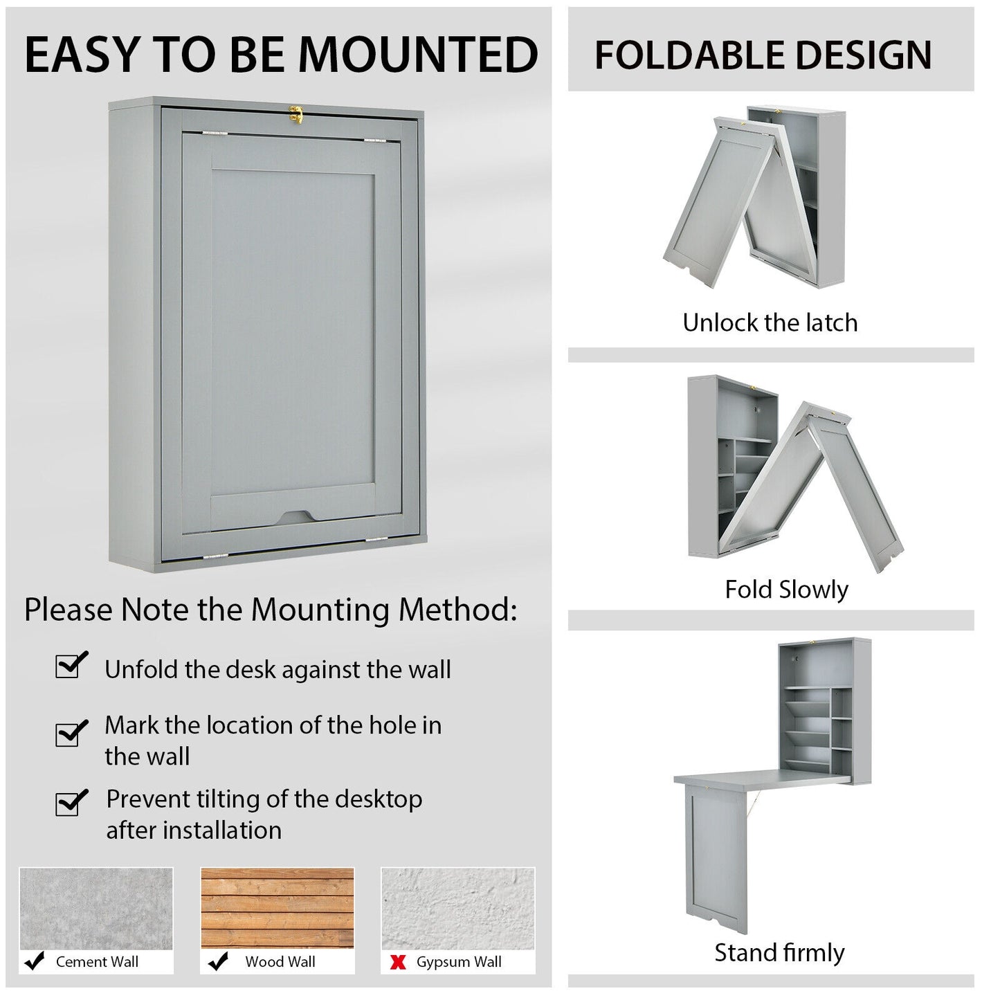 Wall-Mounted Fold-Out Convertible Floating Desk Space Saver-Gray