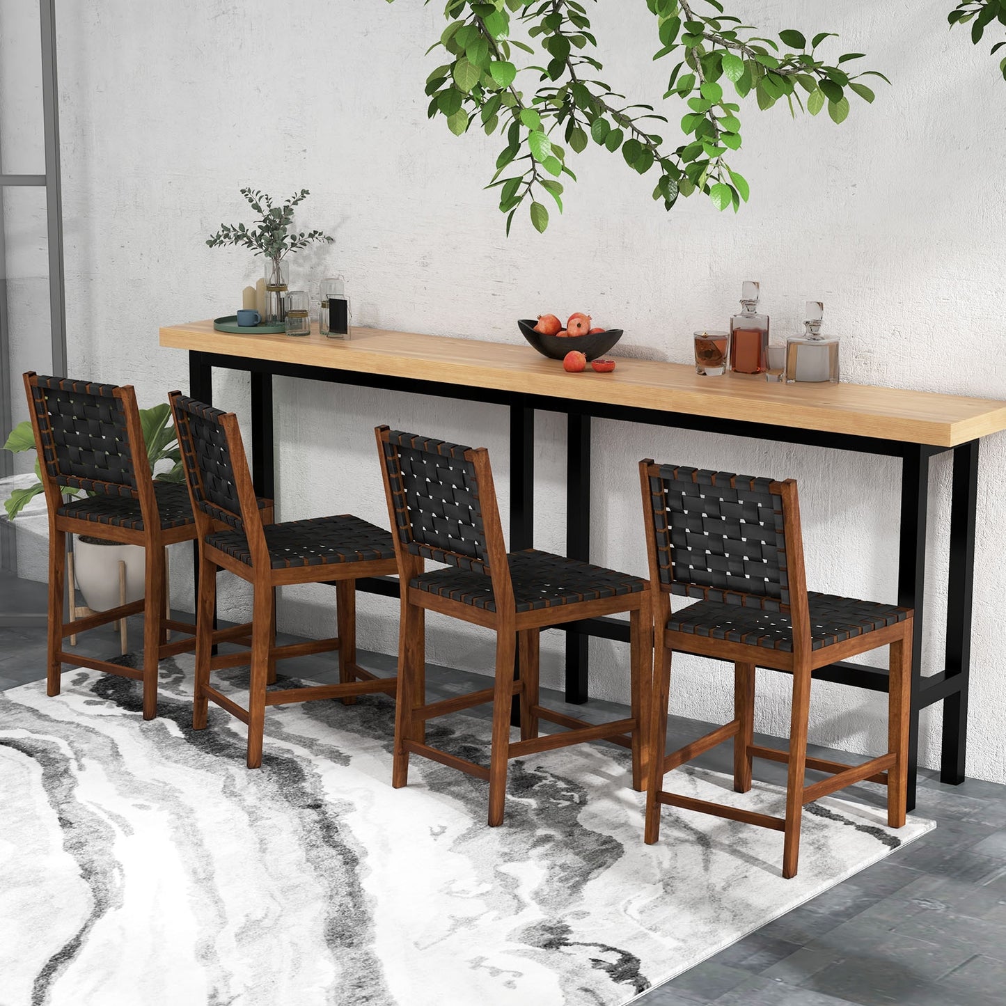 Set of 2 Woven Bar Stools with Faux PU Leather Straps-Black