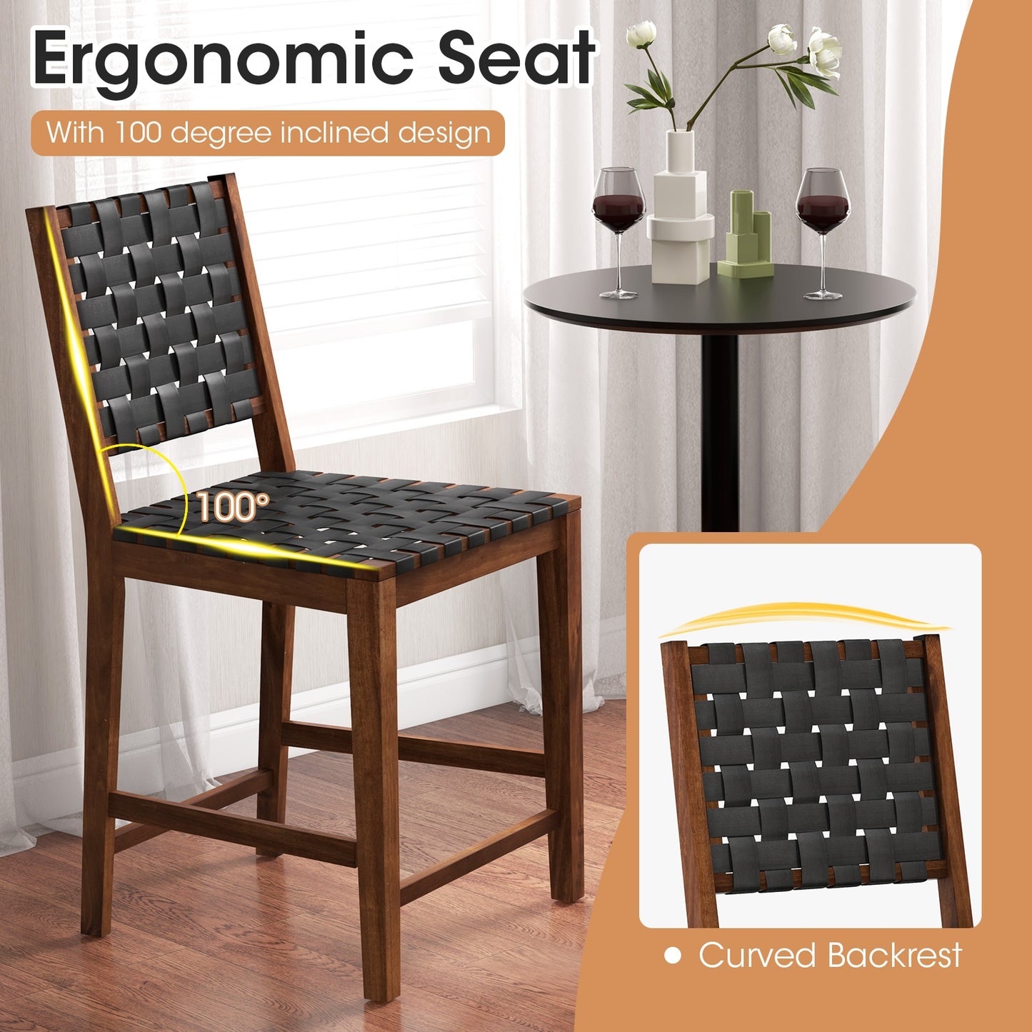Set of 2 Woven Bar Stools with Faux PU Leather Straps-Black