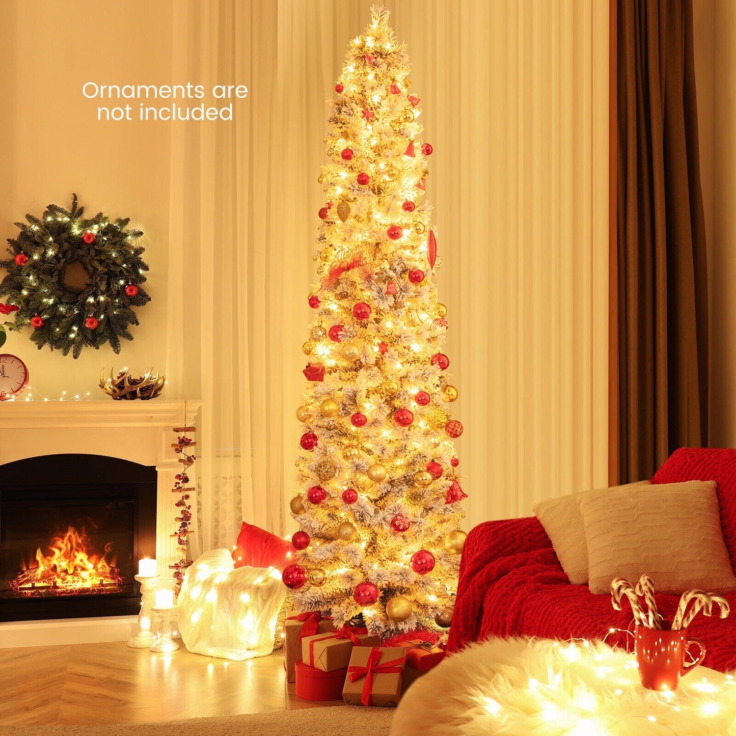 4.5/6/7 Feet Christmas Tree with 258 Branch Tips and 100 Incandescent Lights-Flocked and Slim-6 Feet