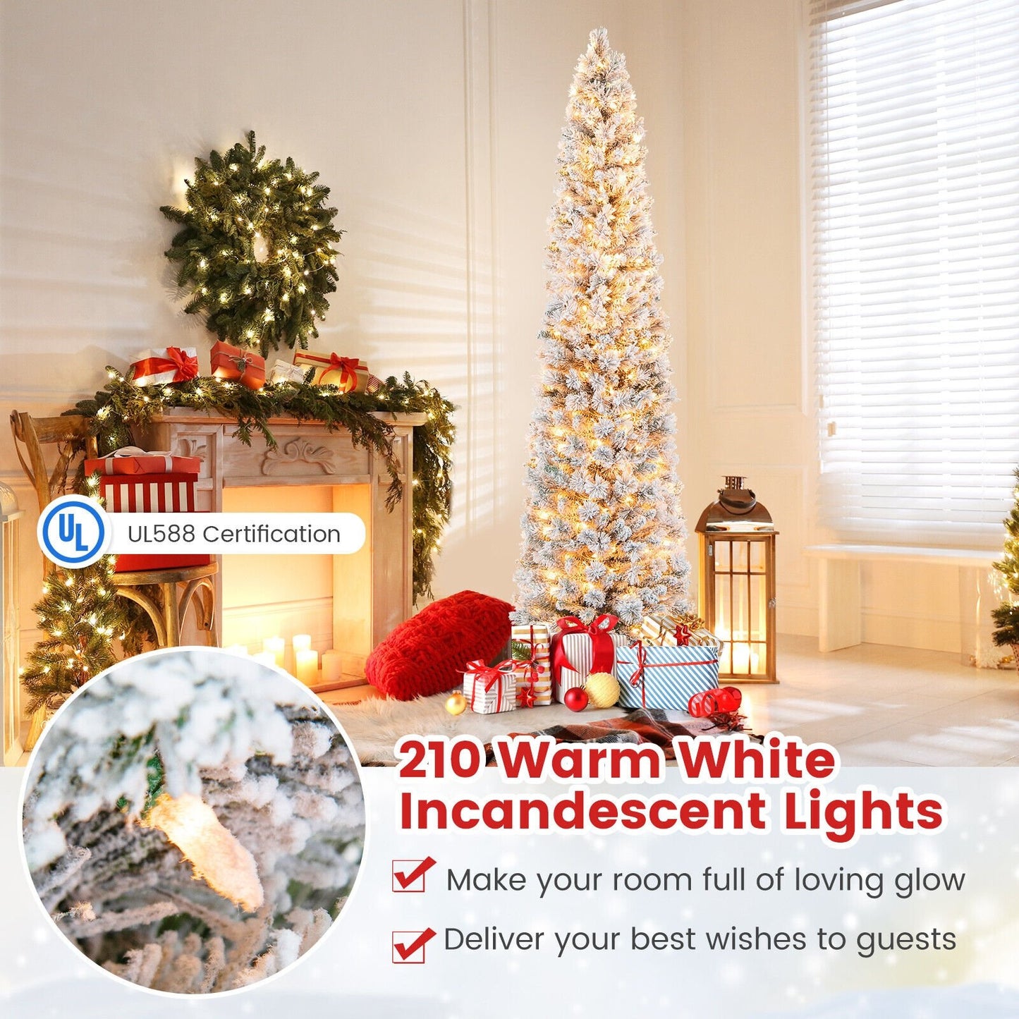 4.5/6/7 Feet Christmas Tree with 258 Branch Tips and 100 Incandescent Lights-Flocked and Slim-6 Feet