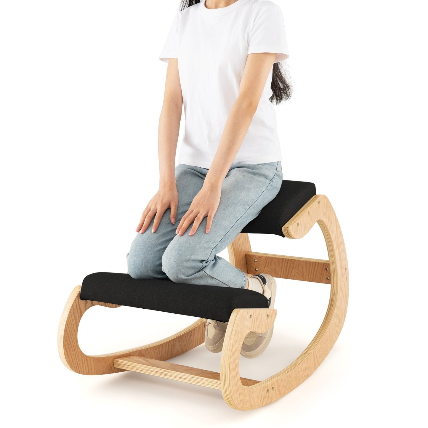 Wooden Rocking Chair with Comfortable Padded Seat Cushion and Knee Support-Beige