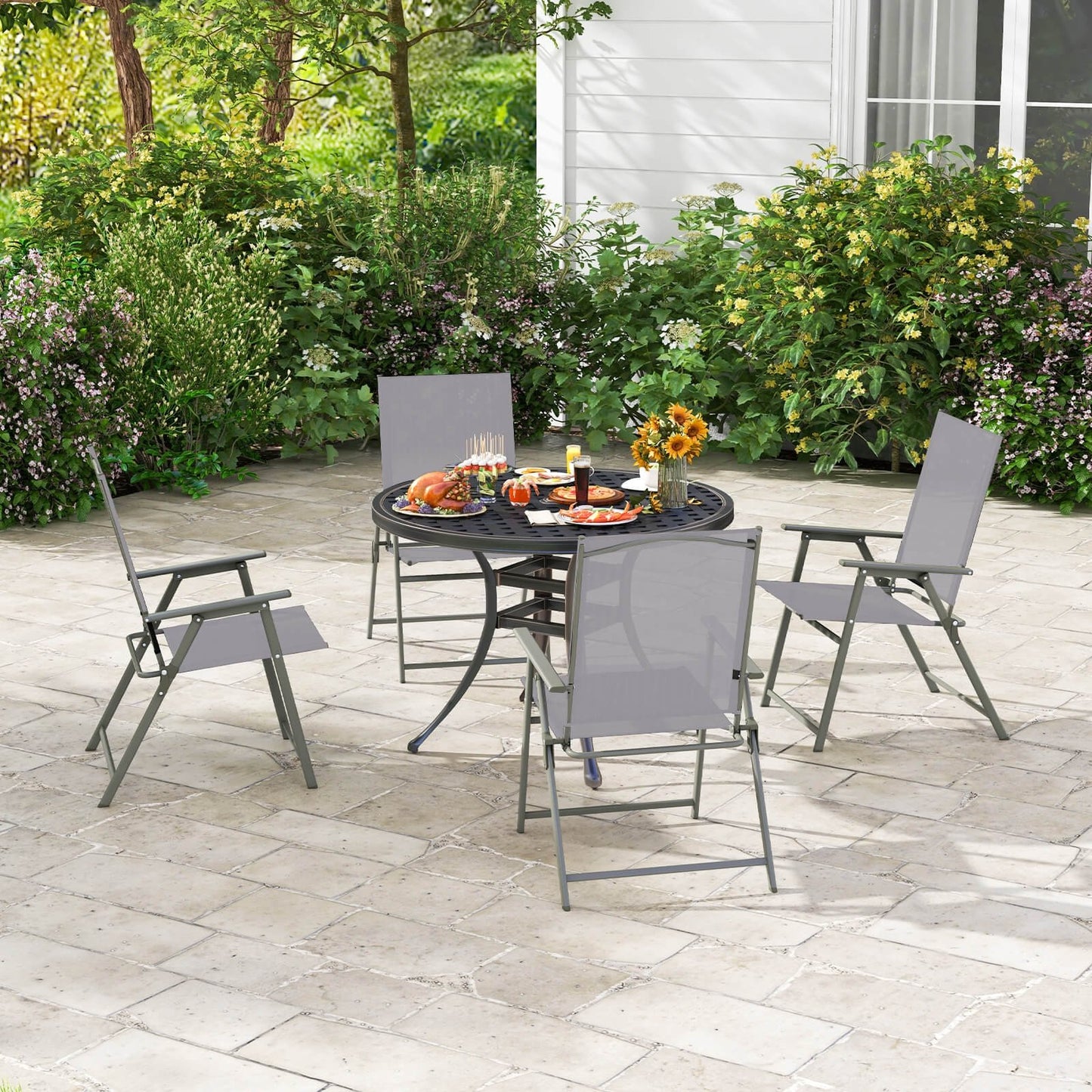Set of 4 Patio Folding Chair Set with Rustproof Metal Frame-Black