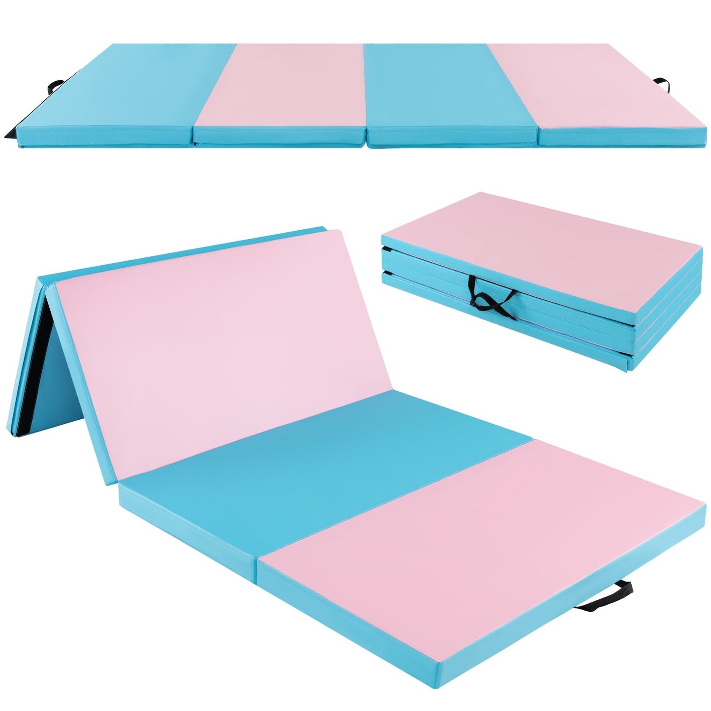 Folding Gymnastics Mat with Carry Handles and Sweatproof Detachable PU Leather Cover-Black