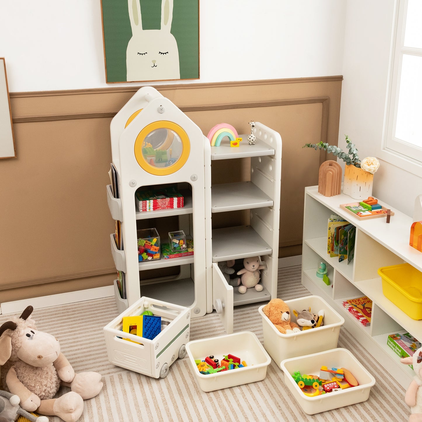 Multipurpose Toy Chest and Bookshelf with Mobile Trolley-Gray