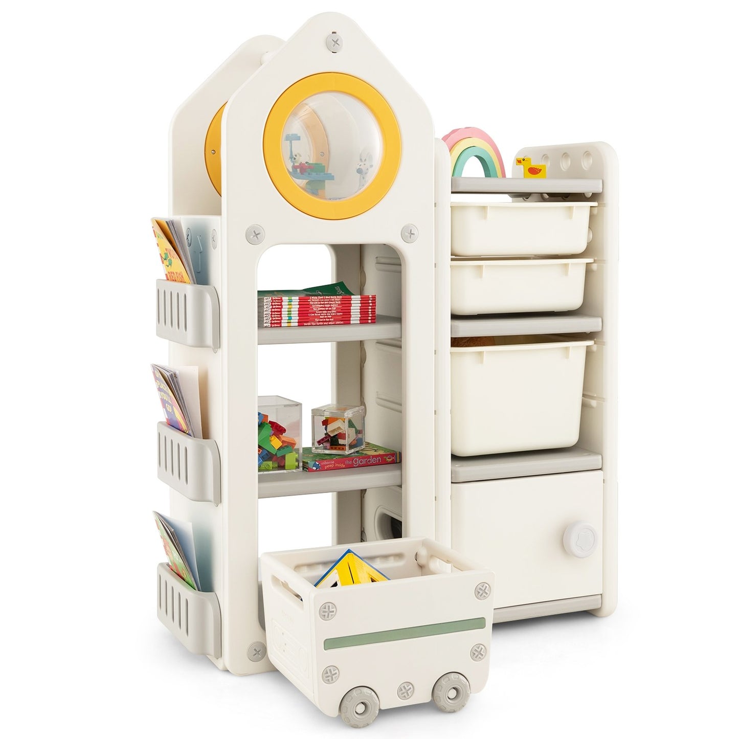 Multipurpose Toy Chest and Bookshelf with Mobile Trolley-Gray