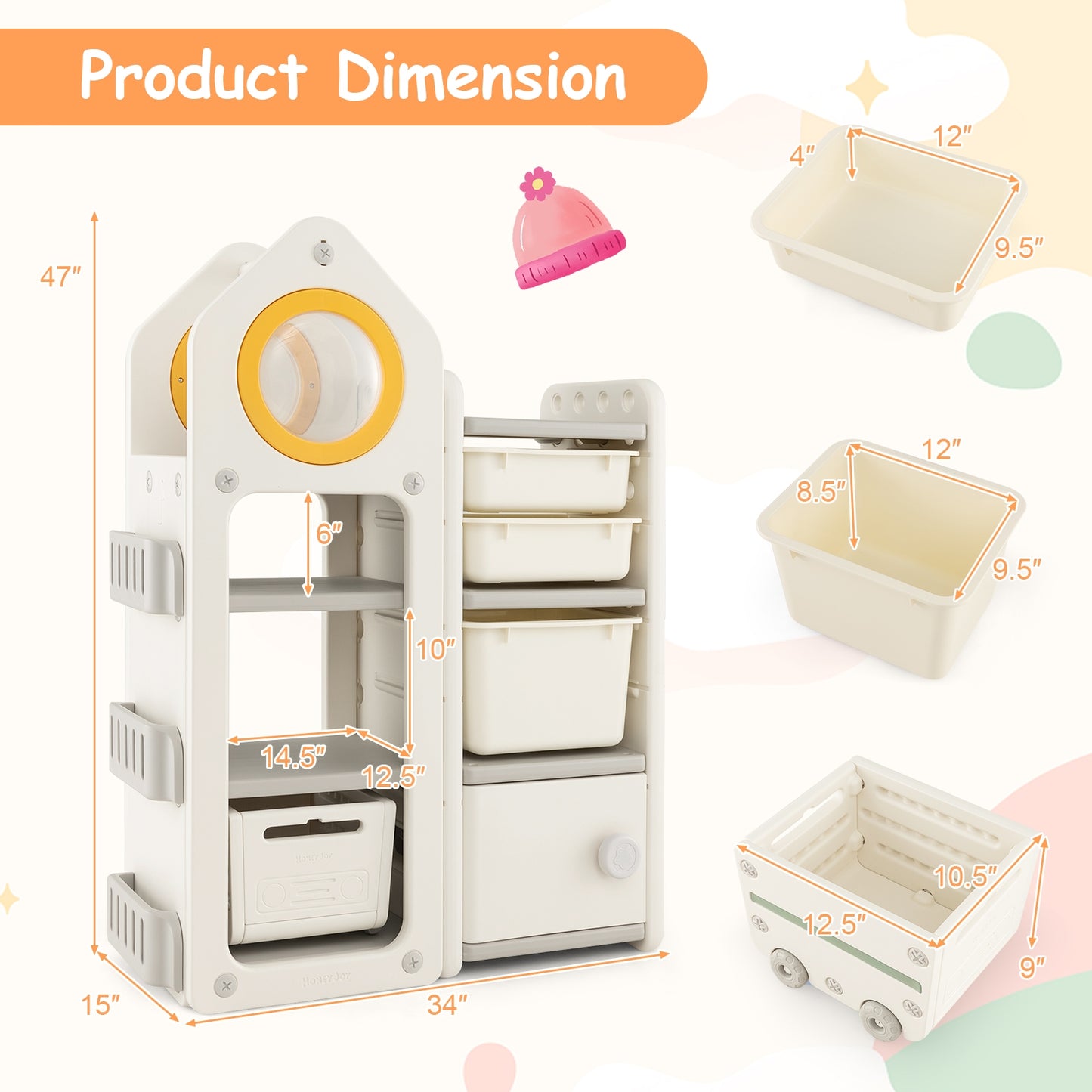 Multipurpose Toy Chest and Bookshelf with Mobile Trolley-Gray