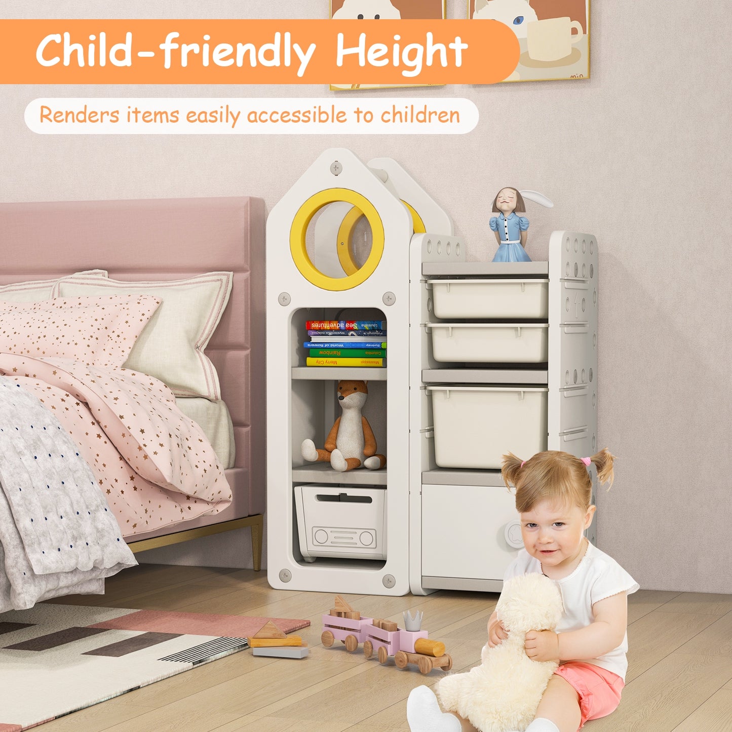 Multipurpose Toy Chest and Bookshelf with Mobile Trolley-Gray