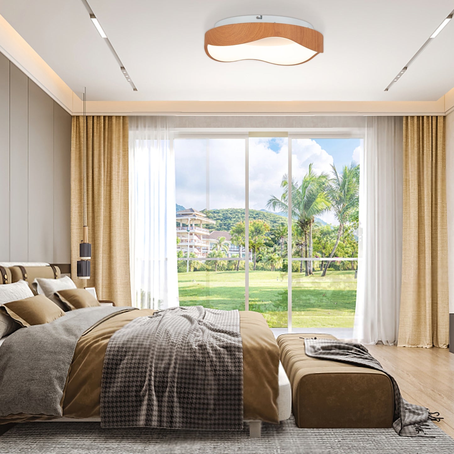 24W Modern LED Mount Ceiling Light with Wood Pattern and Metal Frame-Brown