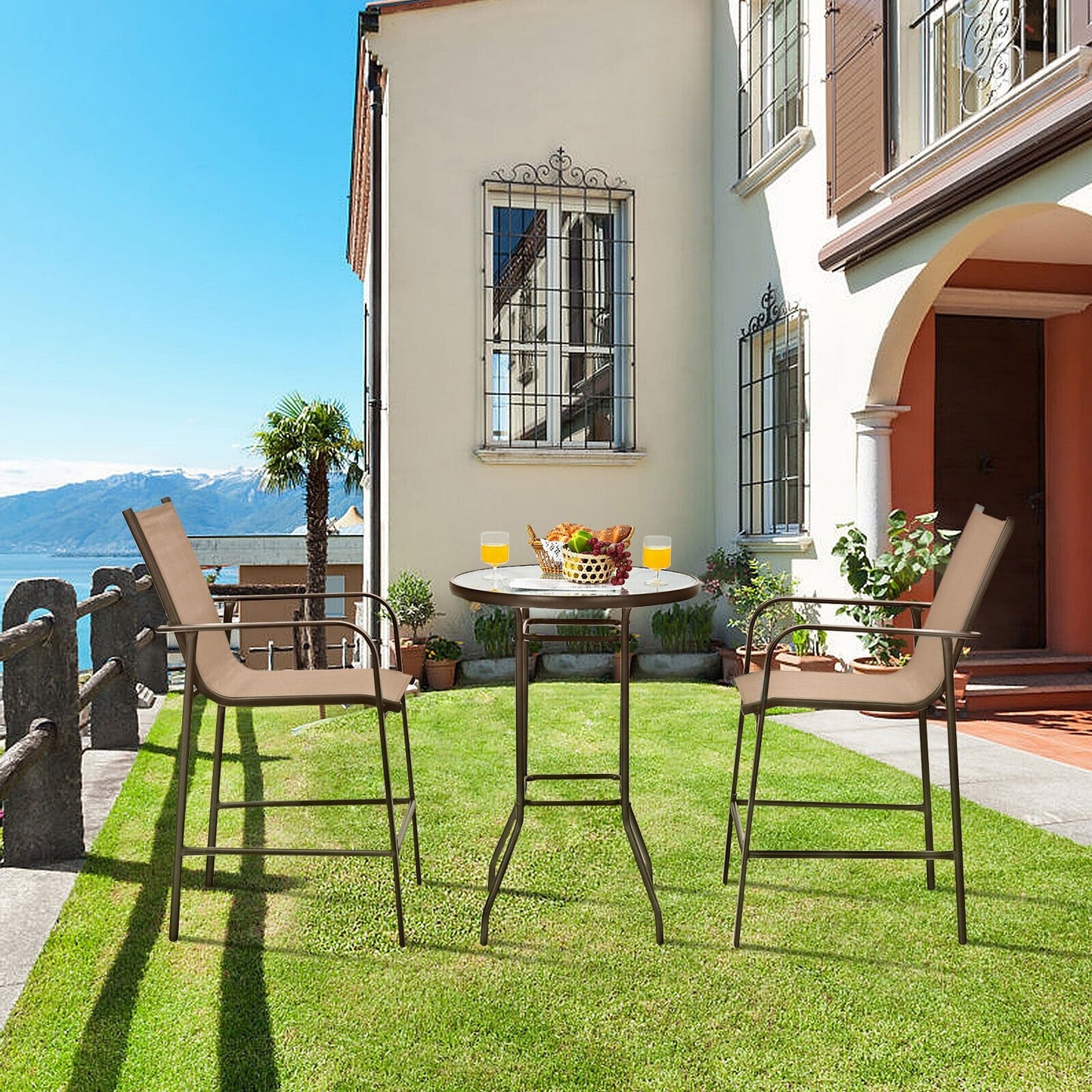 3 Pieces Outdoor Patio Bar Table Stool Set-Black