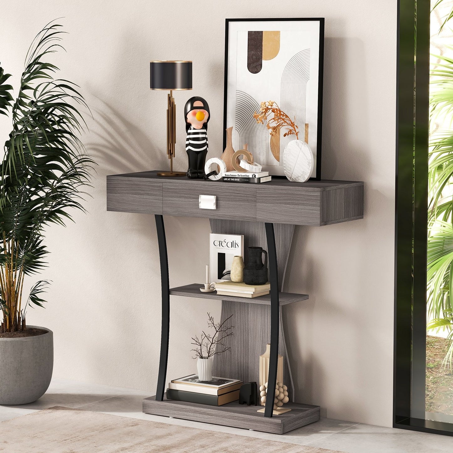 Console Table with Drawer and 2-Tier Shelves for Entryway Living Room-Black
