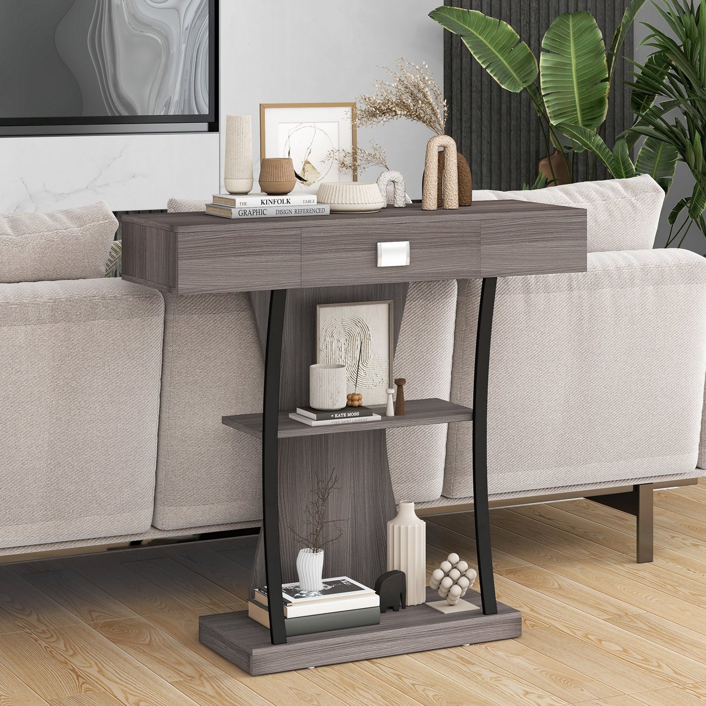 Console Table with Drawer and 2-Tier Shelves for Entryway Living Room-Black