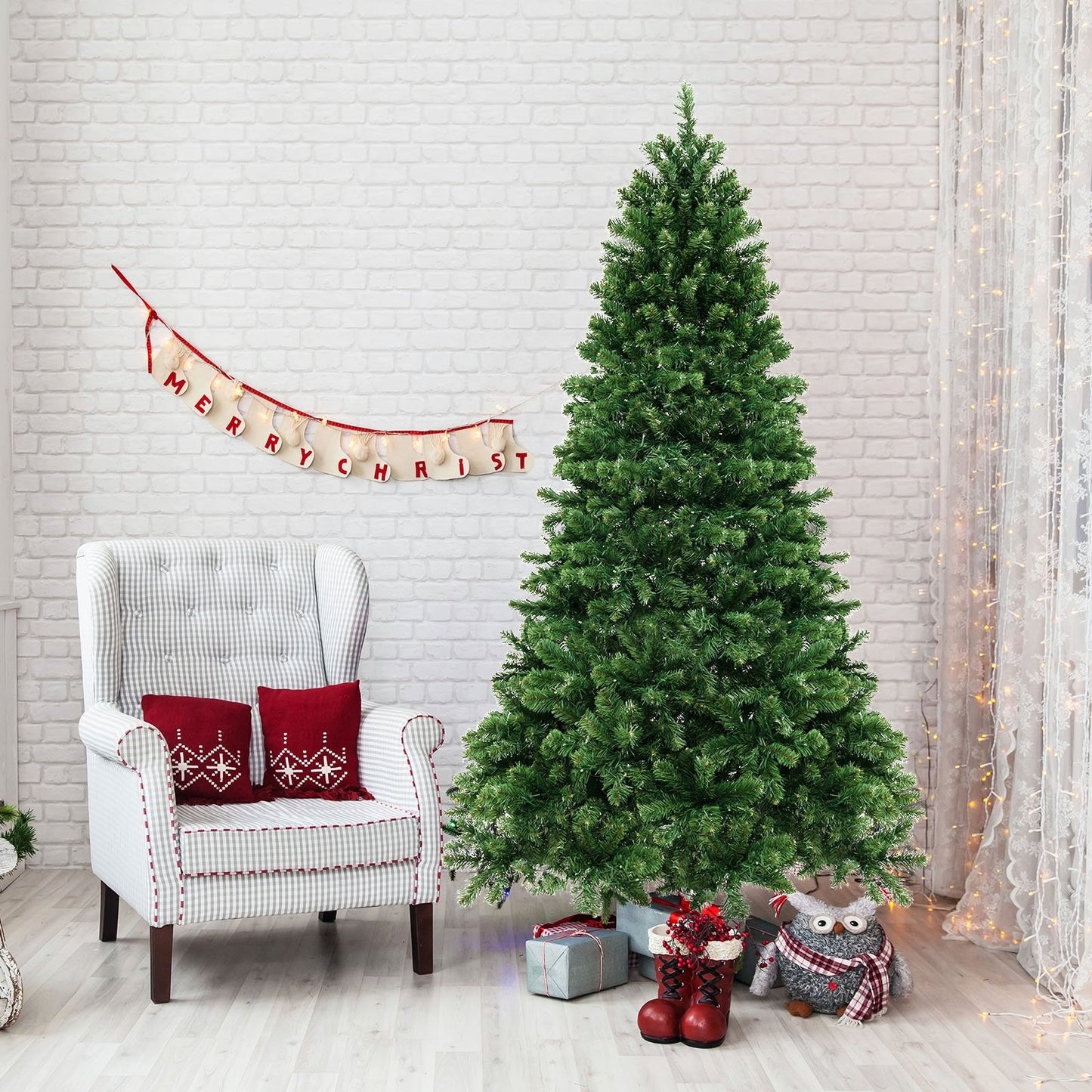 6/7/8 Feet Hinged Christmas Tree with PVC Branch Tips Warm White LED Lights-7 ft
