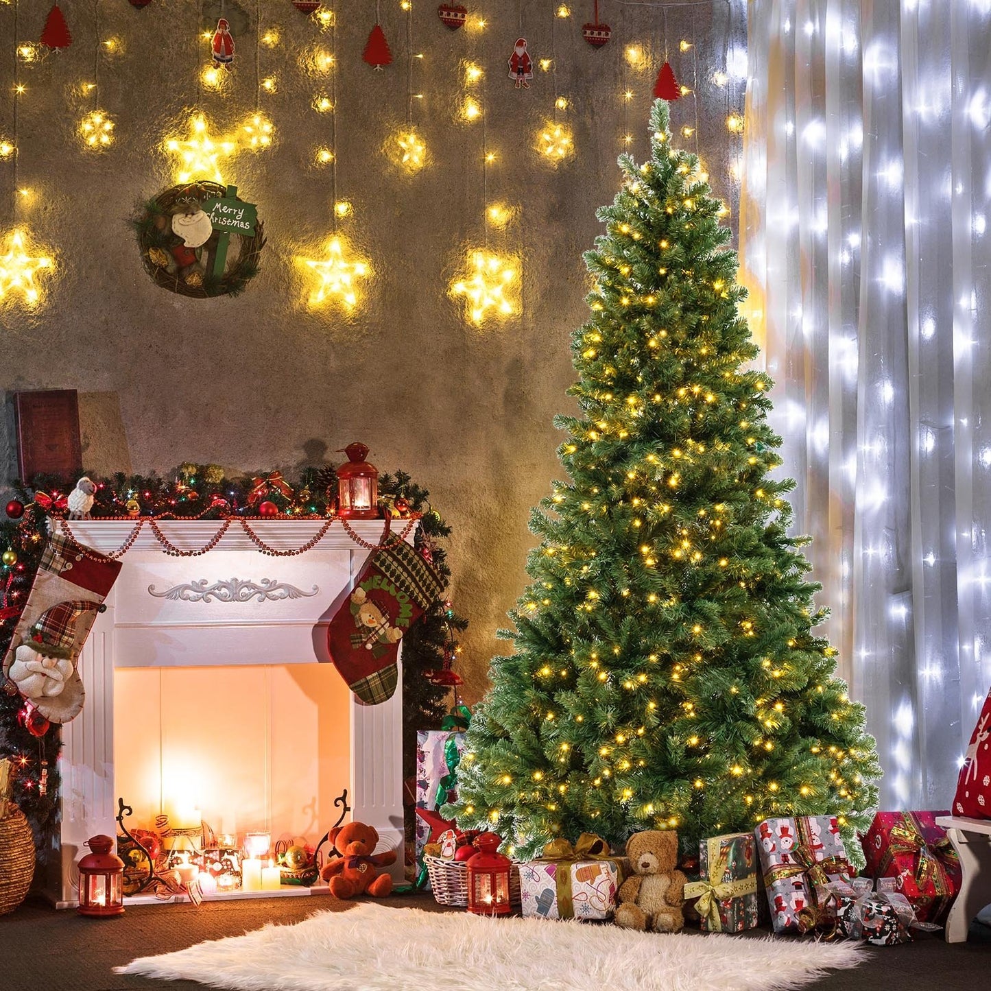 6/7/8 Feet Hinged Christmas Tree with PVC Branch Tips Warm White LED Lights-7 ft