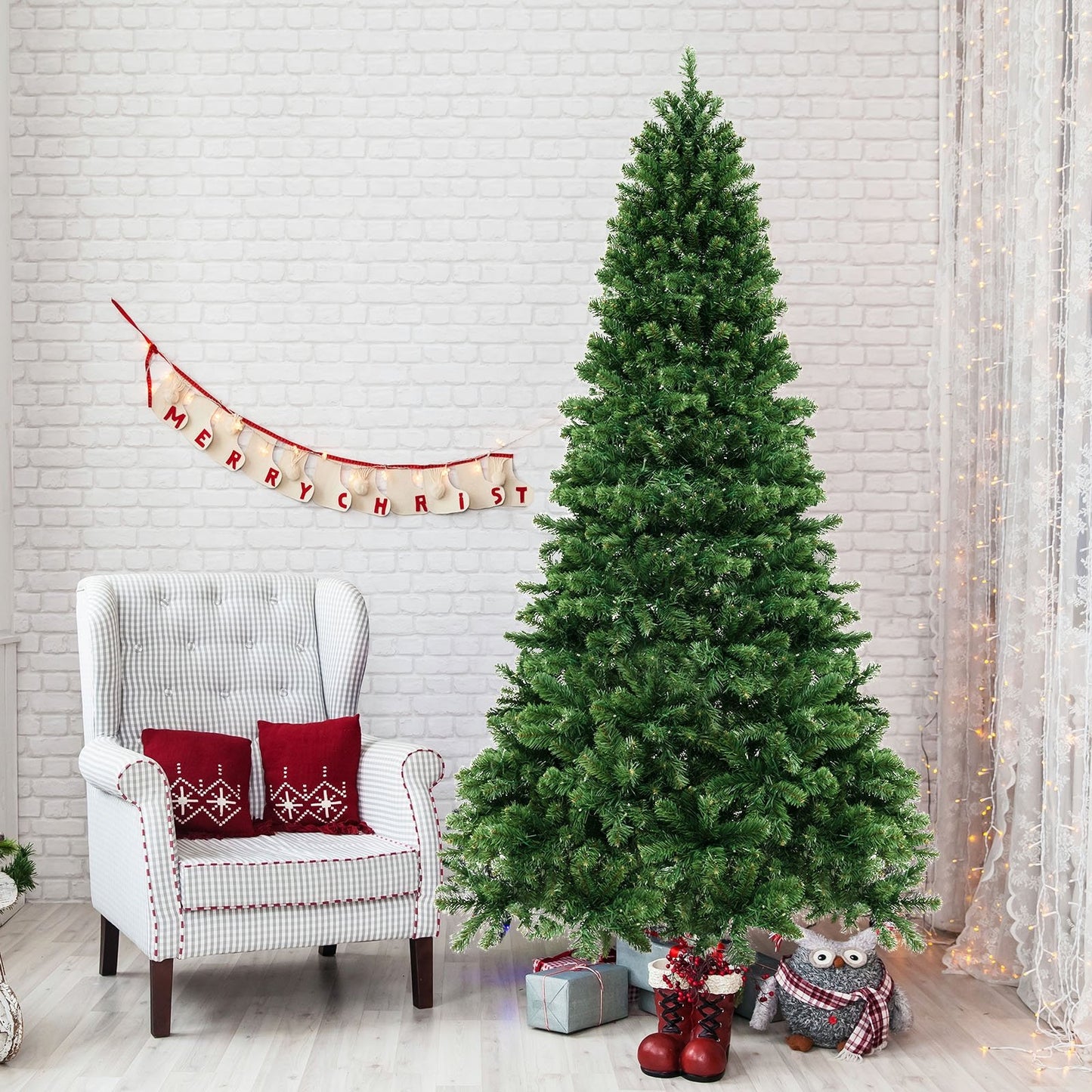 6/7/8 Feet Hinged Christmas Tree with PVC Branch Tips Warm White LED Lights-7 ft
