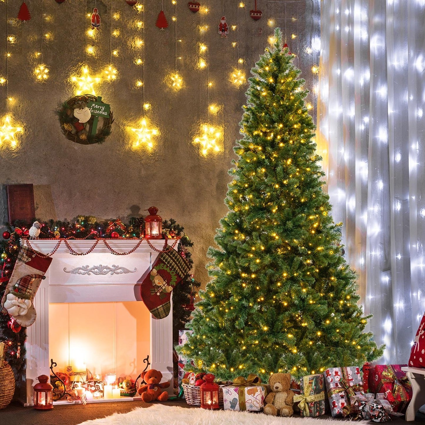 6/7/8 Feet Hinged Christmas Tree with PVC Branch Tips Warm White LED Lights-7 ft