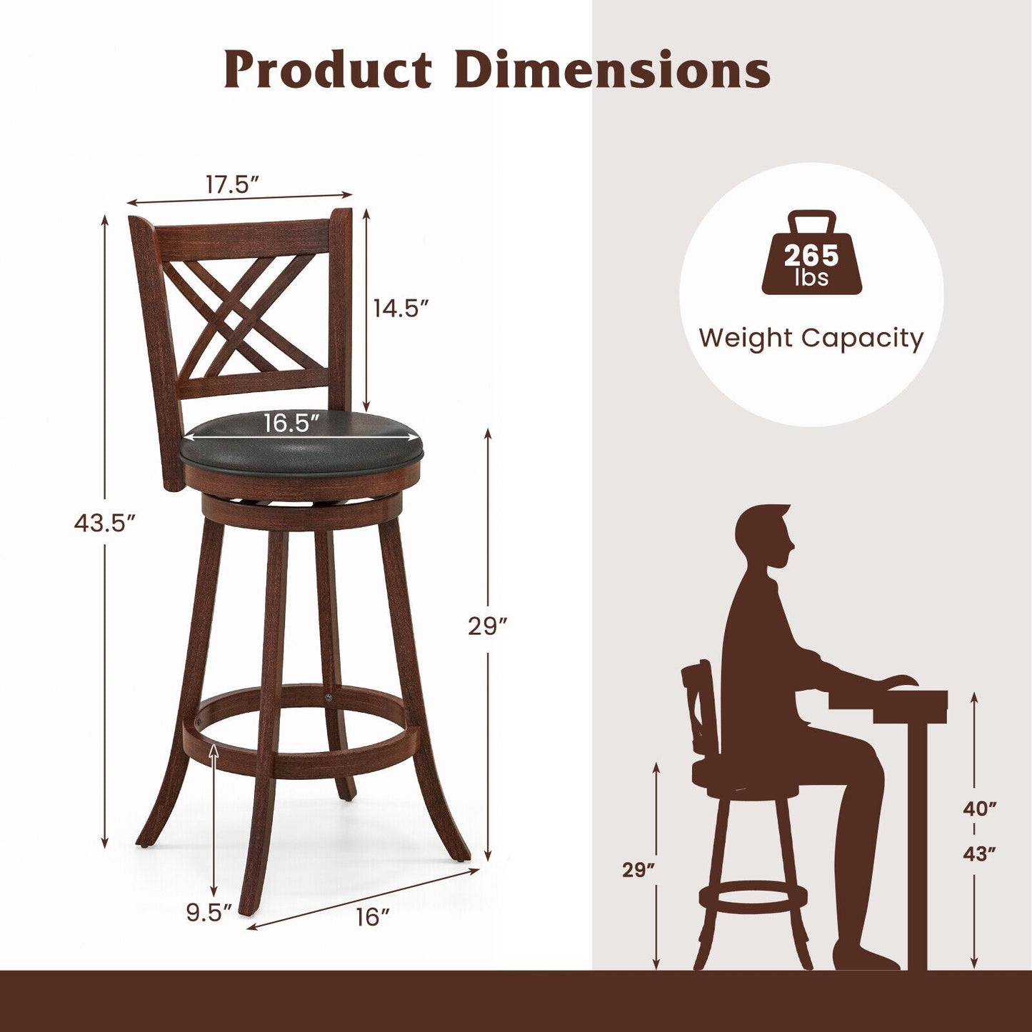 360° Swivel Upholstered Barstools Set of 2 with Back and Footrest-29 inches