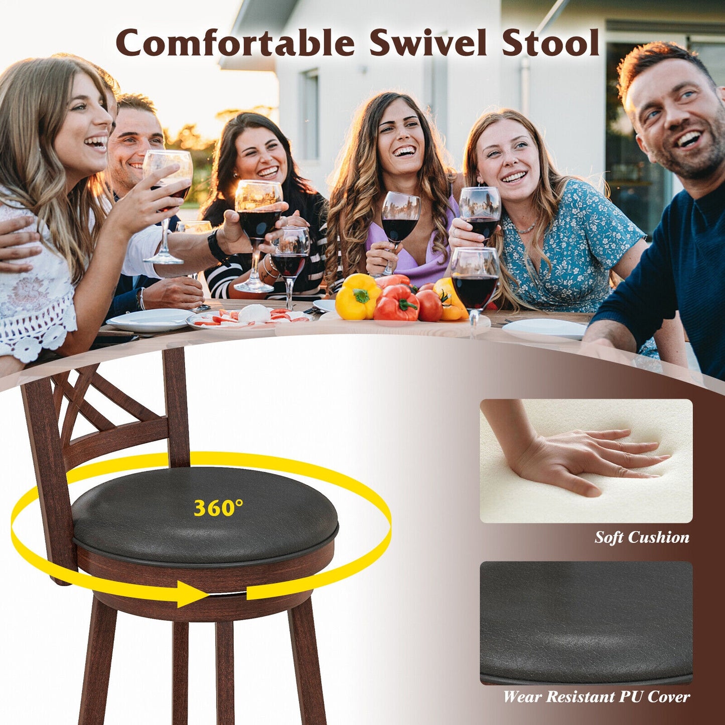 360° Swivel Upholstered Barstools Set of 2 with Back and Footrest-29 inches