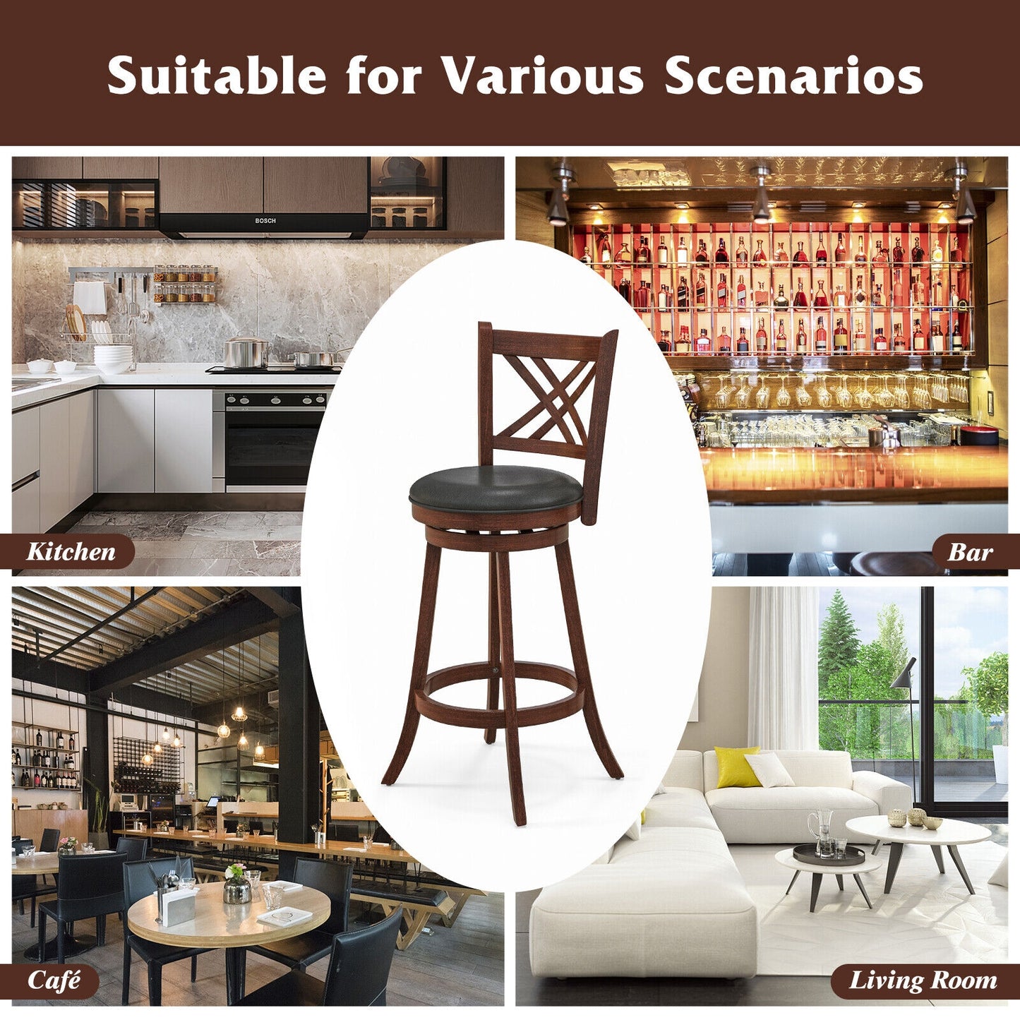 360° Swivel Upholstered Barstools Set of 2 with Back and Footrest-29 inches