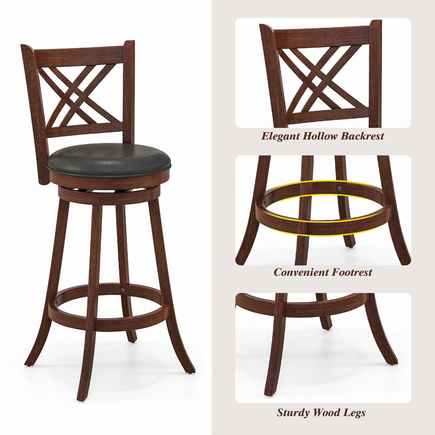360° Swivel Upholstered Barstools Set of 2 with Back and Footrest-29 inches