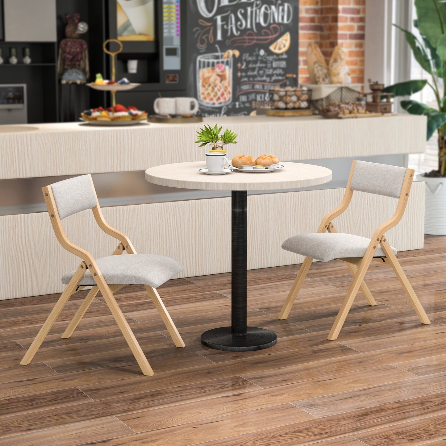 Set of 2 Wooden Folding Dining Chair with Linen Fabric Padded Seat and Backrest-Coffee