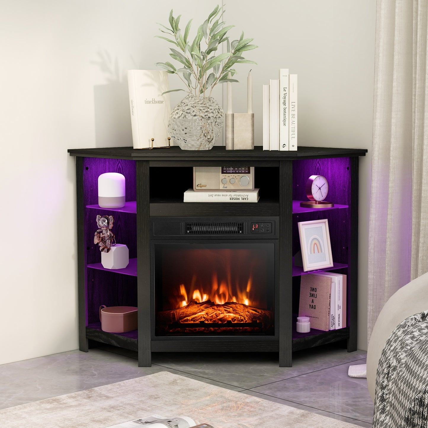 Fireplace Corner TV Stand with LED Lights and Smart APP Control for 50 Inches TV-Black