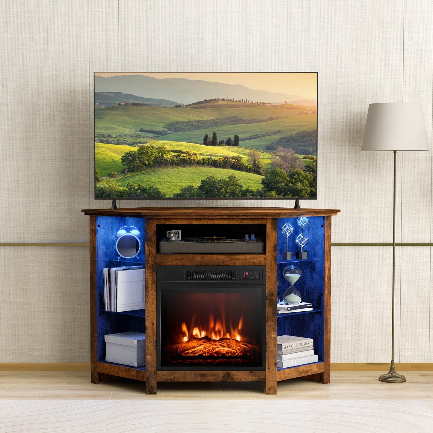 Fireplace Corner TV Stand with LED Lights and Smart APP Control for 50 Inches TV-Rustic Brown