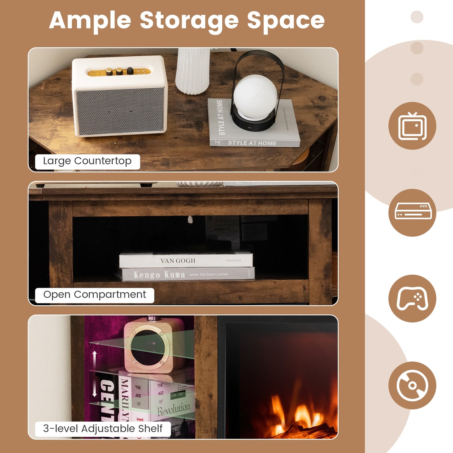 Fireplace Corner TV Stand with LED Lights and Smart APP Control for 50 Inches TV-Rustic Brown