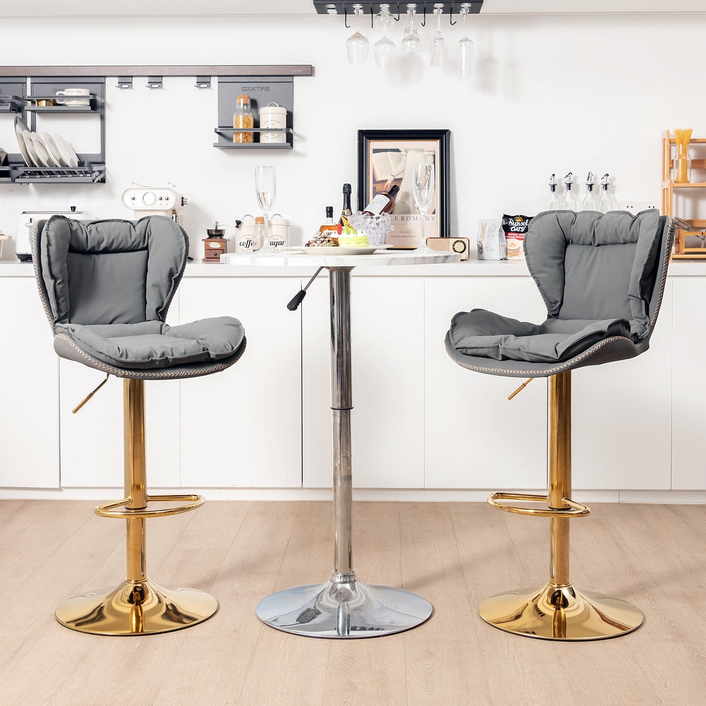 Set of 2 Swivel Bar Stools PU Leather Bar Chairs with Footrest and Curved Backrest-Gray