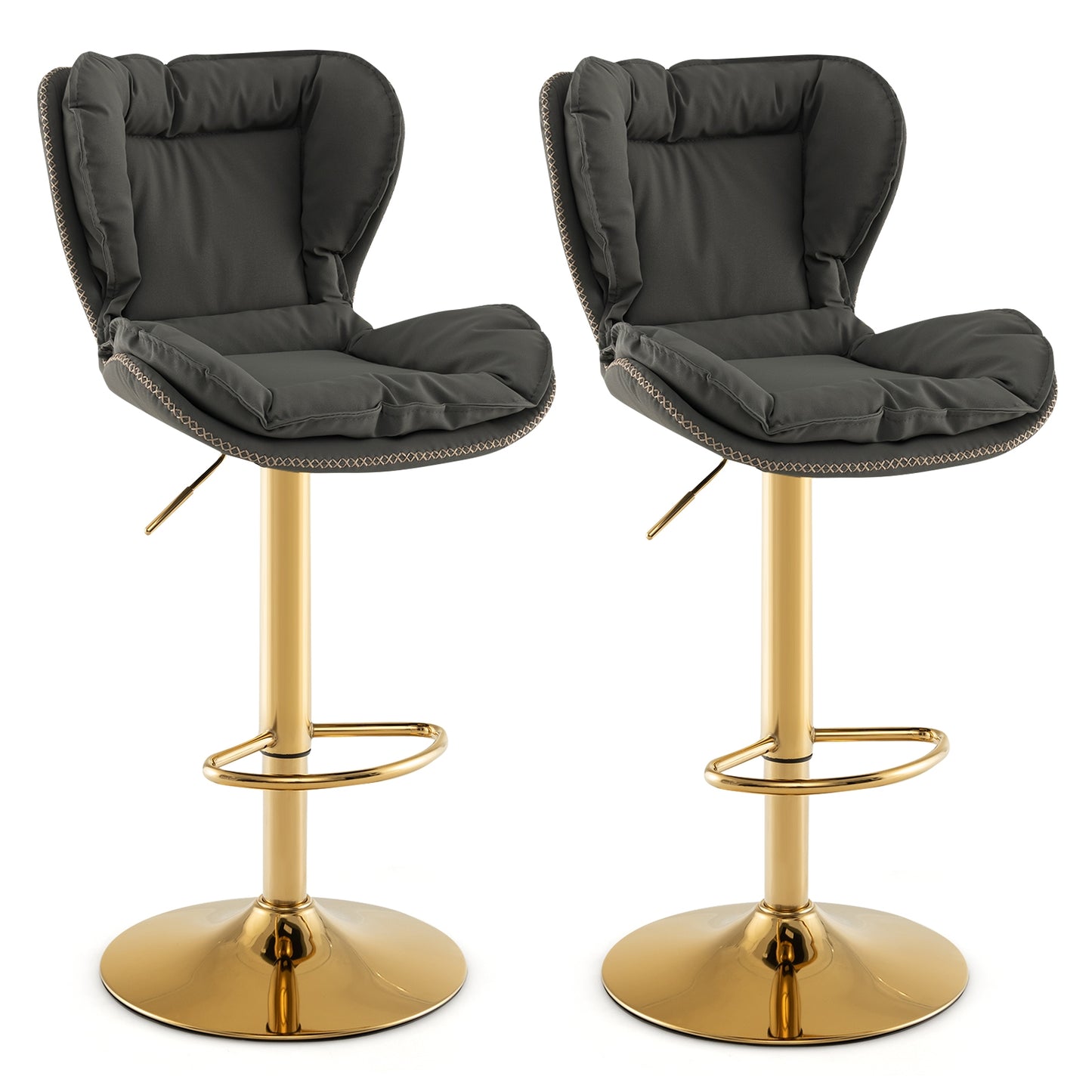 Set of 2 Swivel Bar Stools PU Leather Bar Chairs with Footrest and Curved Backrest-Gray