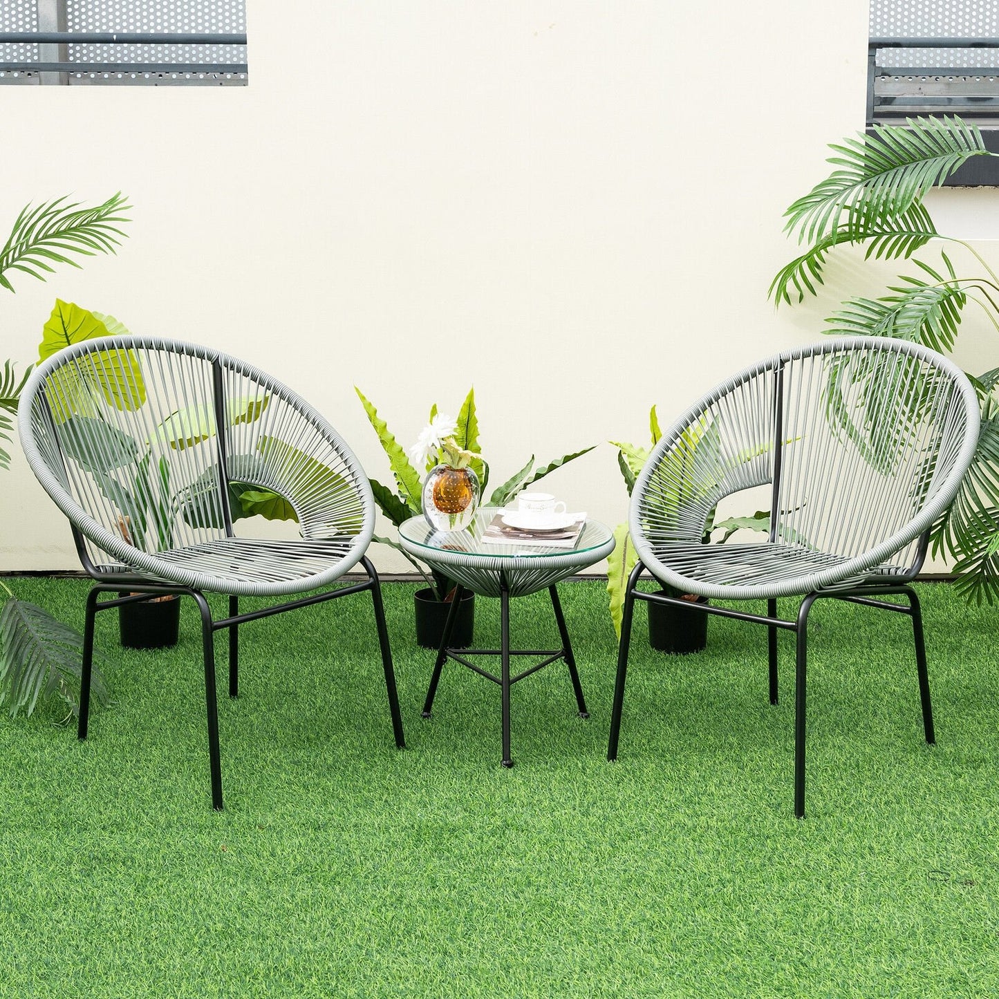 3PCS Patio Acapulco Furniture Bistro Set with GlassTable-Black