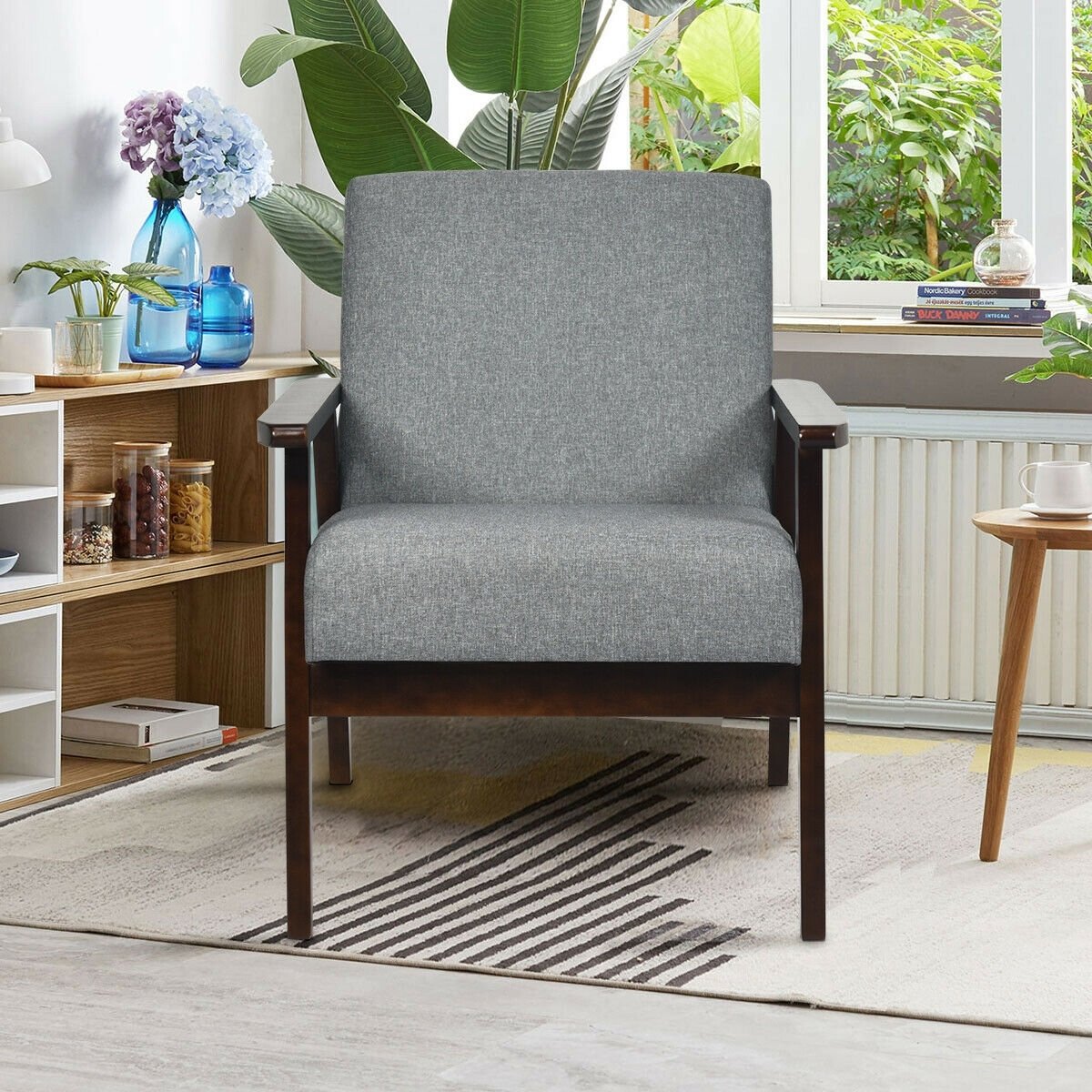 Solid Rubber Wood Fabric Accent Armchair-Beige