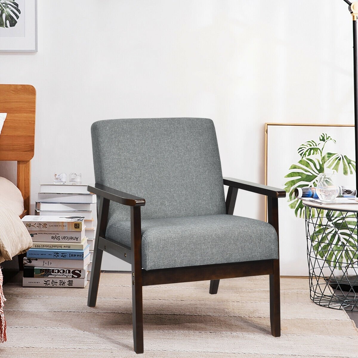 Solid Rubber Wood Fabric Accent Armchair-Beige