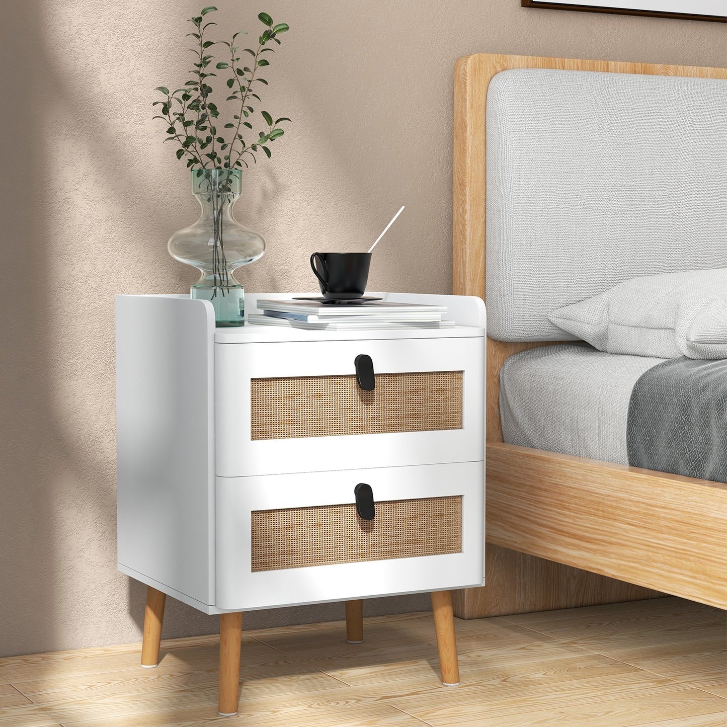 Modern End Table Bedside Table with 2 Rattan Decorated Drawers-Natural