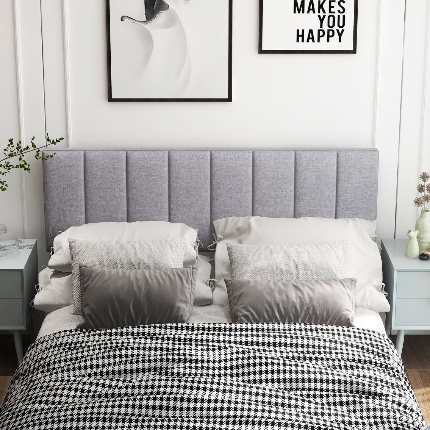 Linen Upholstered Headboard with Solid Wood Legs and Adjustable Width-Beige