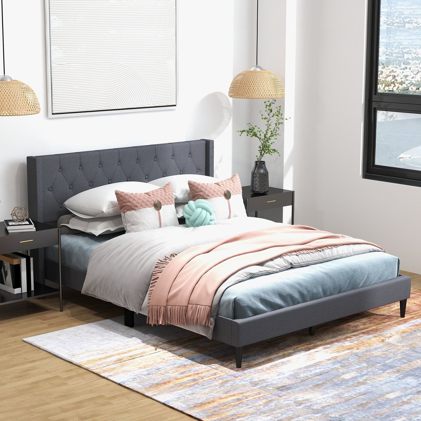 Queen Size Upholstered Platform Bed with Button Tufted Wingback Headboard-Blue