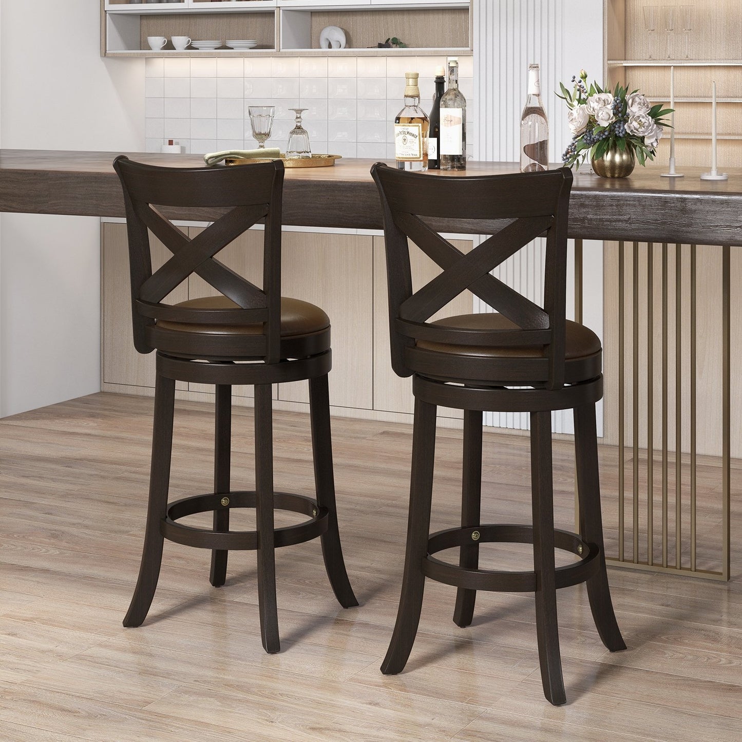 26 Inch Swivel Bar Stool with Curved Backrest PU Leather Seat and Footrest-26 inches
