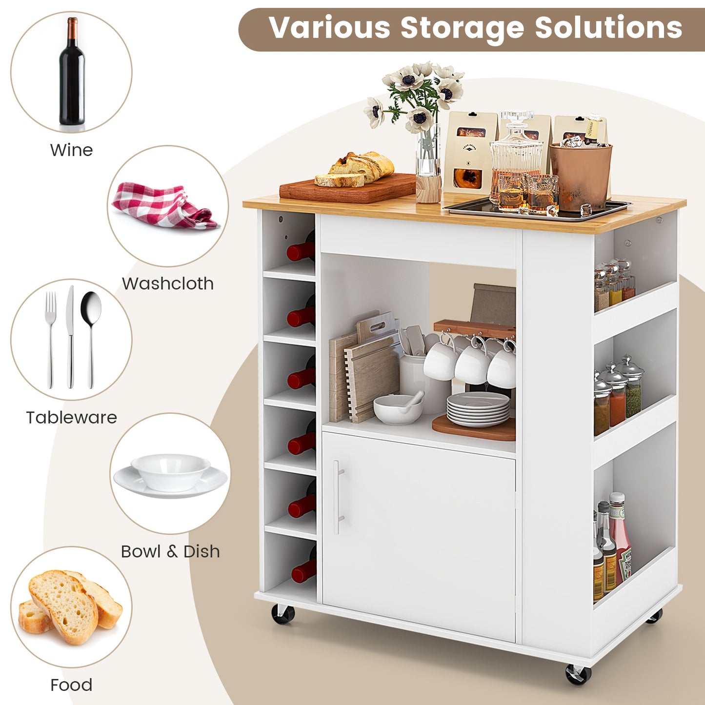 Kitchen Cart on Wheels with Bamboo Top and 6-Bottle Wine Rack-White