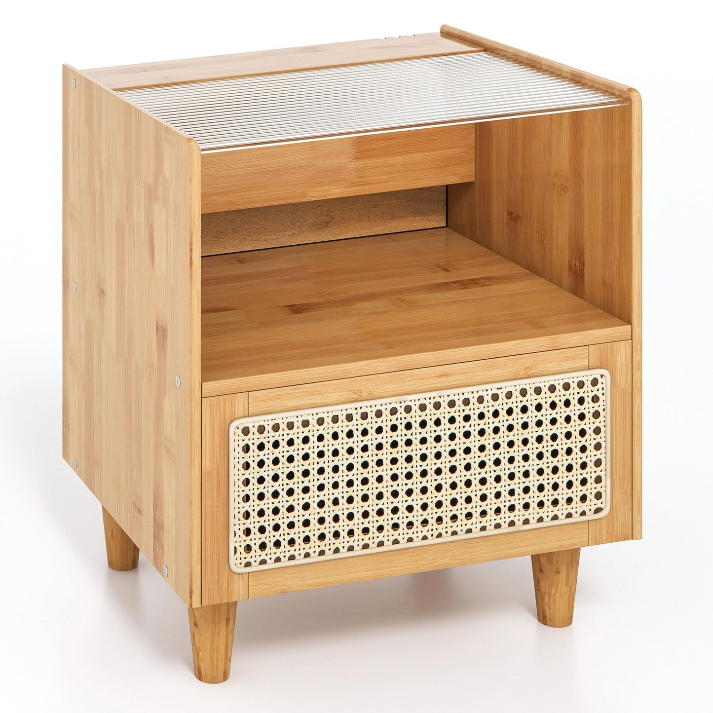 Bamboo Rattan Nightstand with Drawer and Solid Wood Legs-Brown