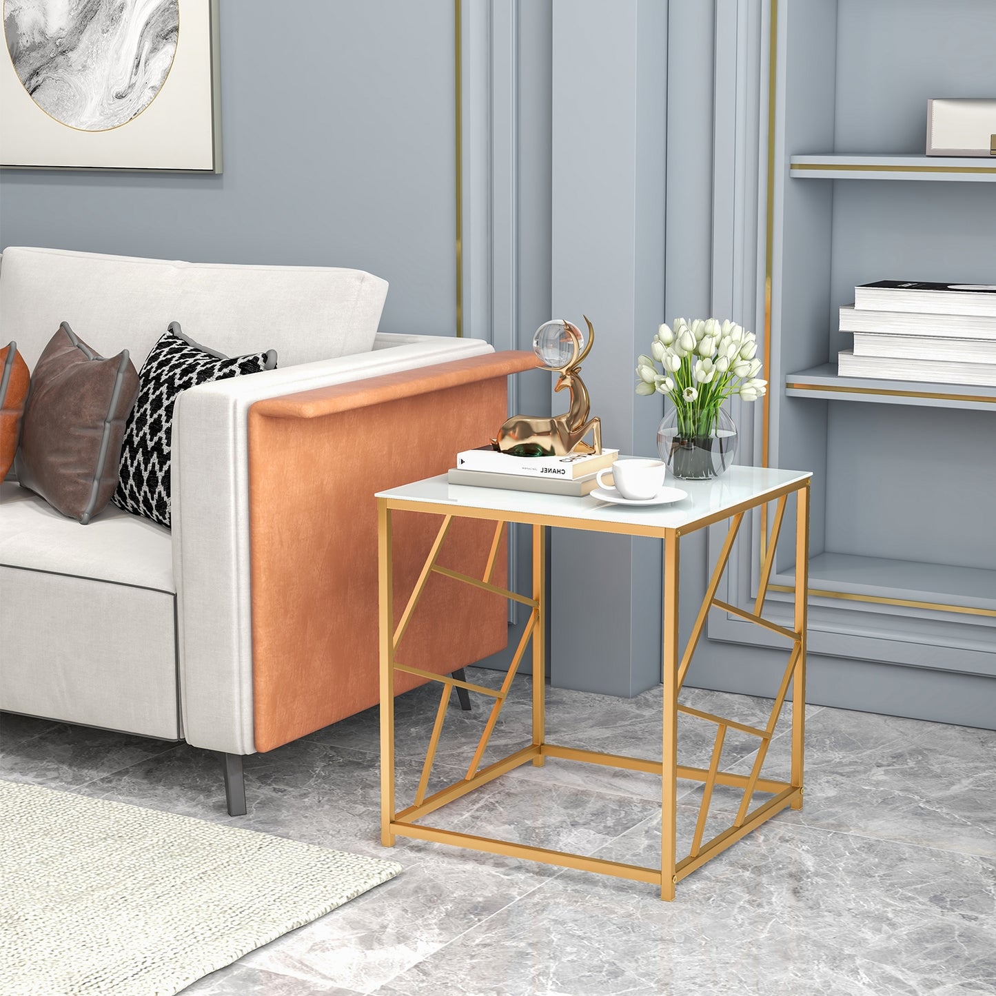 Square End Table with Tempered Glass Tabletop and Gold Finish Geometric Frame-Golden