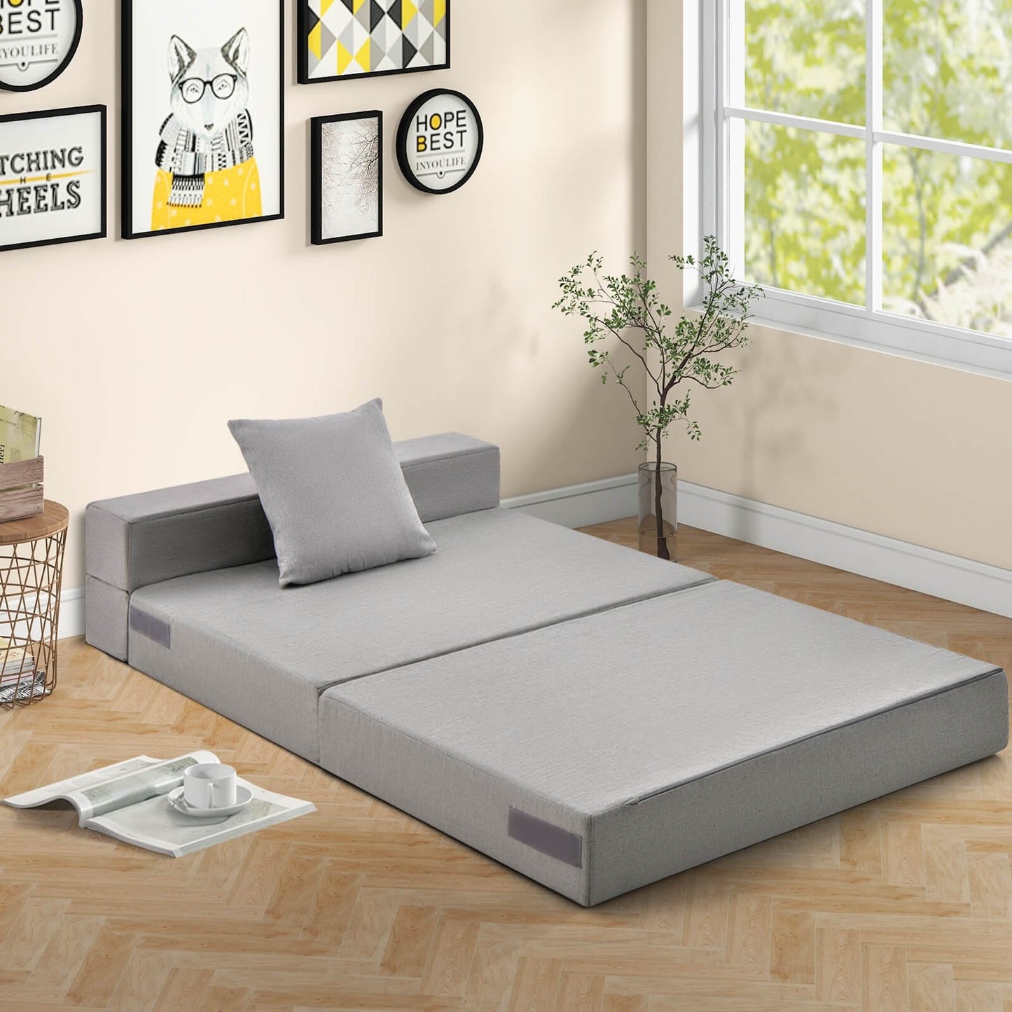6 Inch Tri-fold Sofa Bed Folding Mattress with Pillow-Dark Gray
