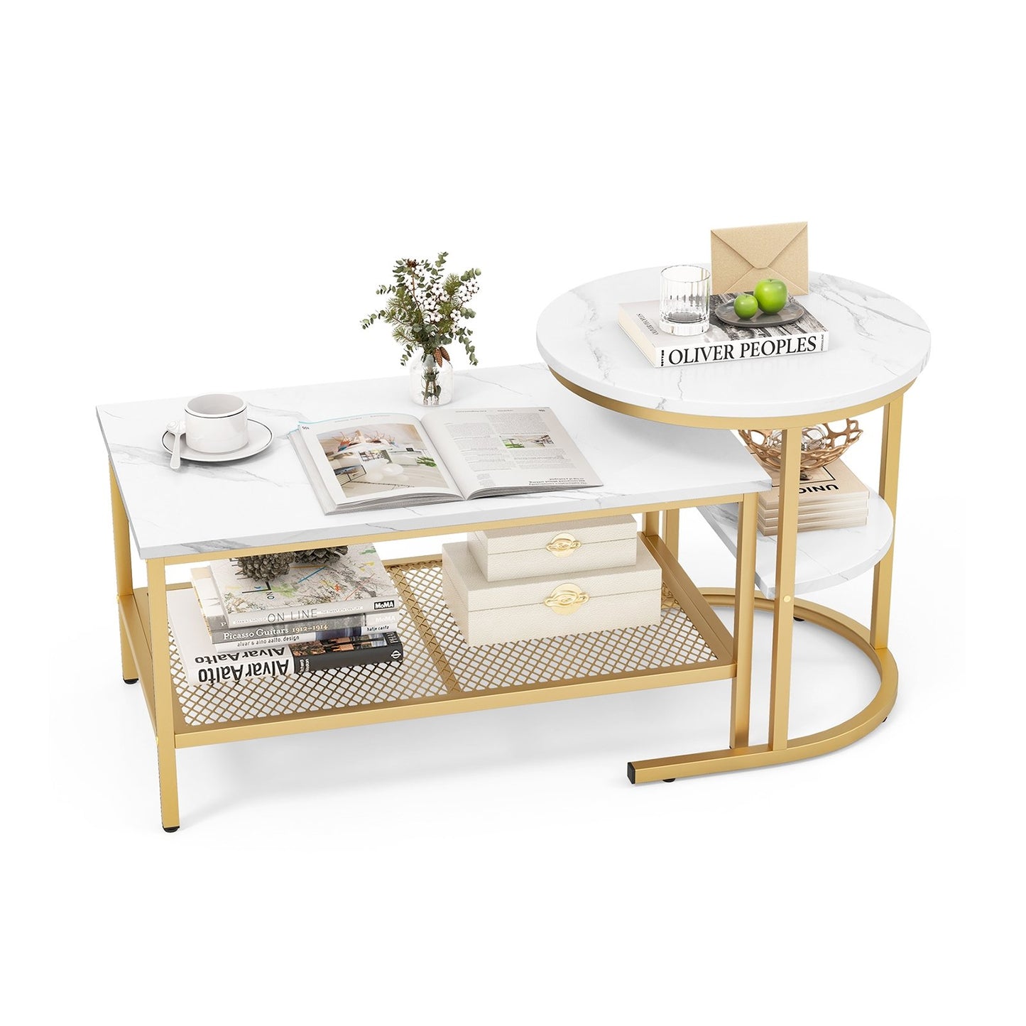 Set of 2 Nesting Coffee Table with Extra Storage Shelf for Living Room-Black