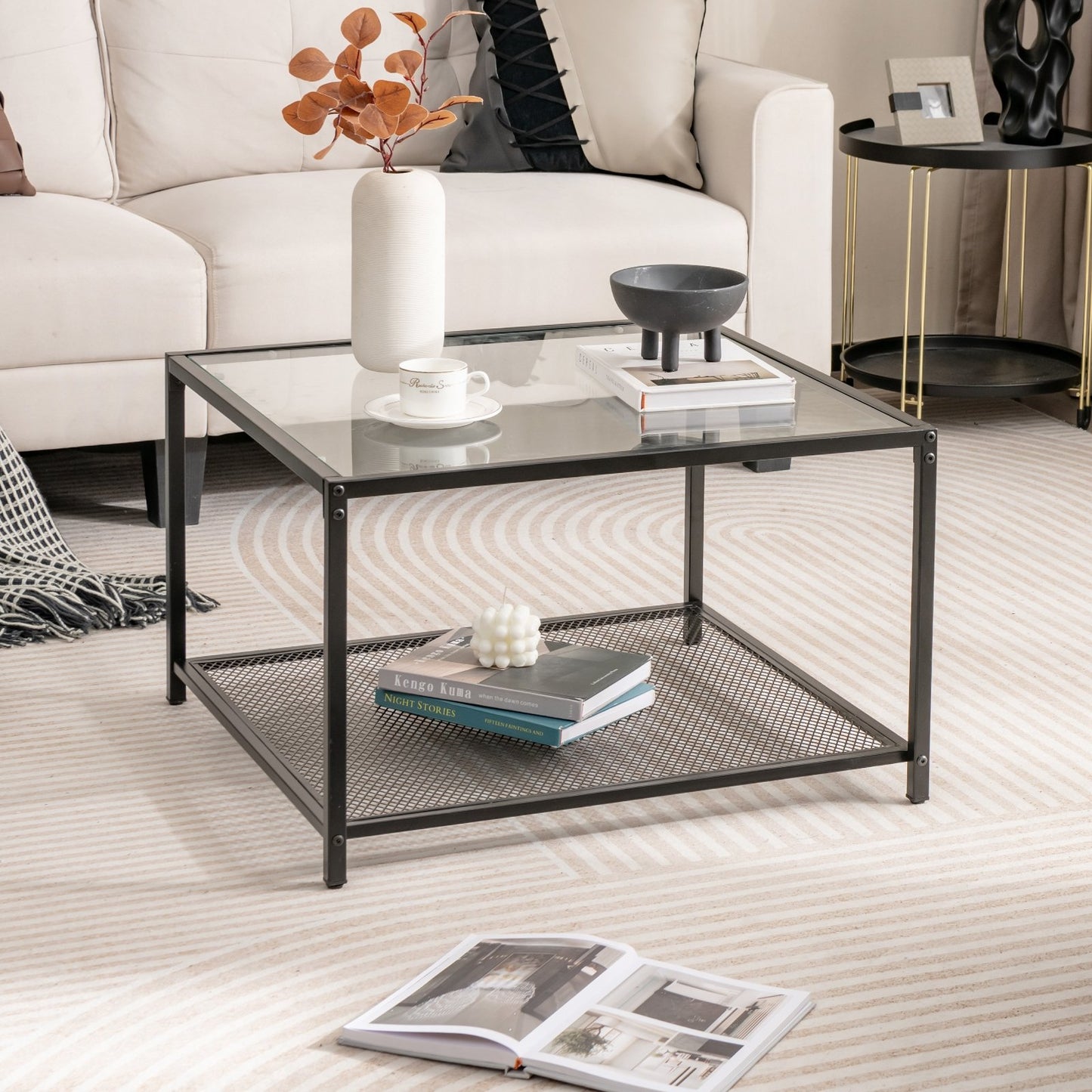 Modern 2-Tier Square Glass Coffee Table with Mesh Shelf-Gray