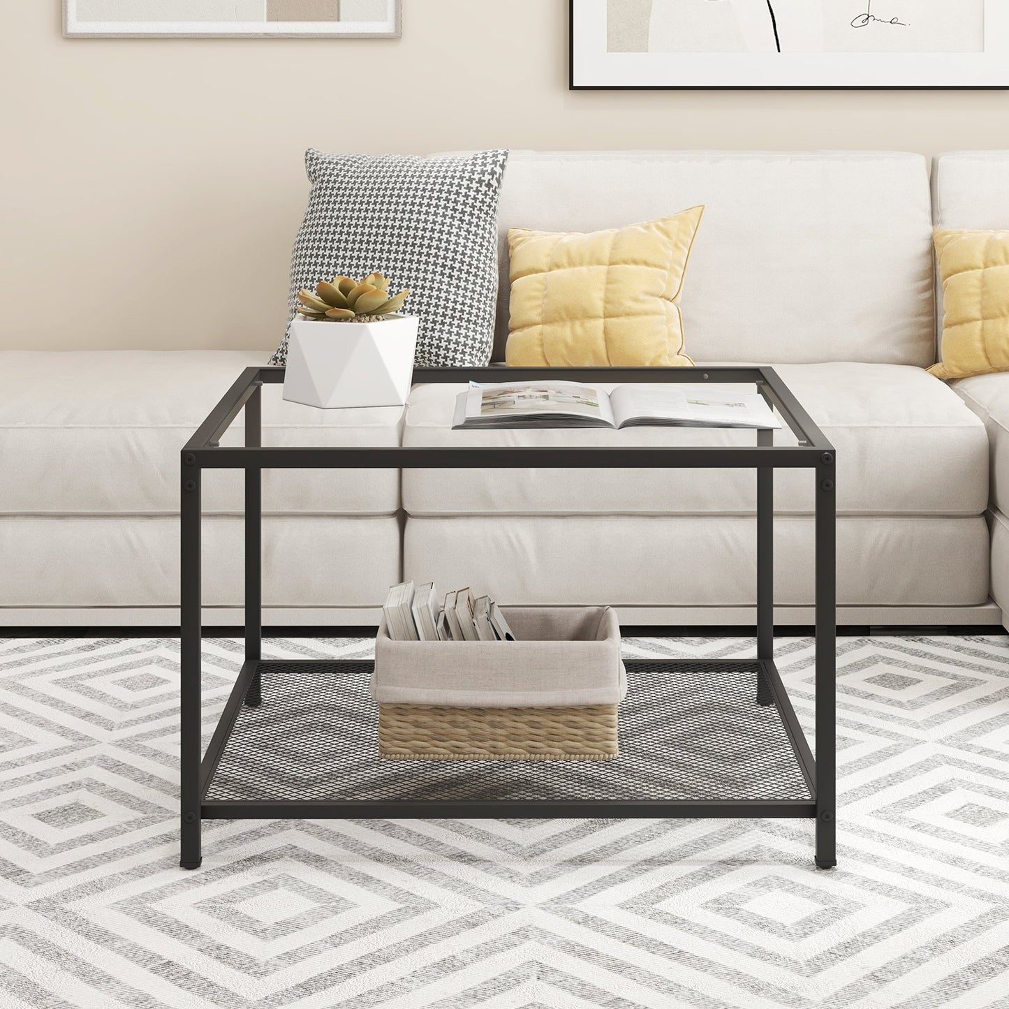 Modern 2-Tier Square Glass Coffee Table with Mesh Shelf-Gray