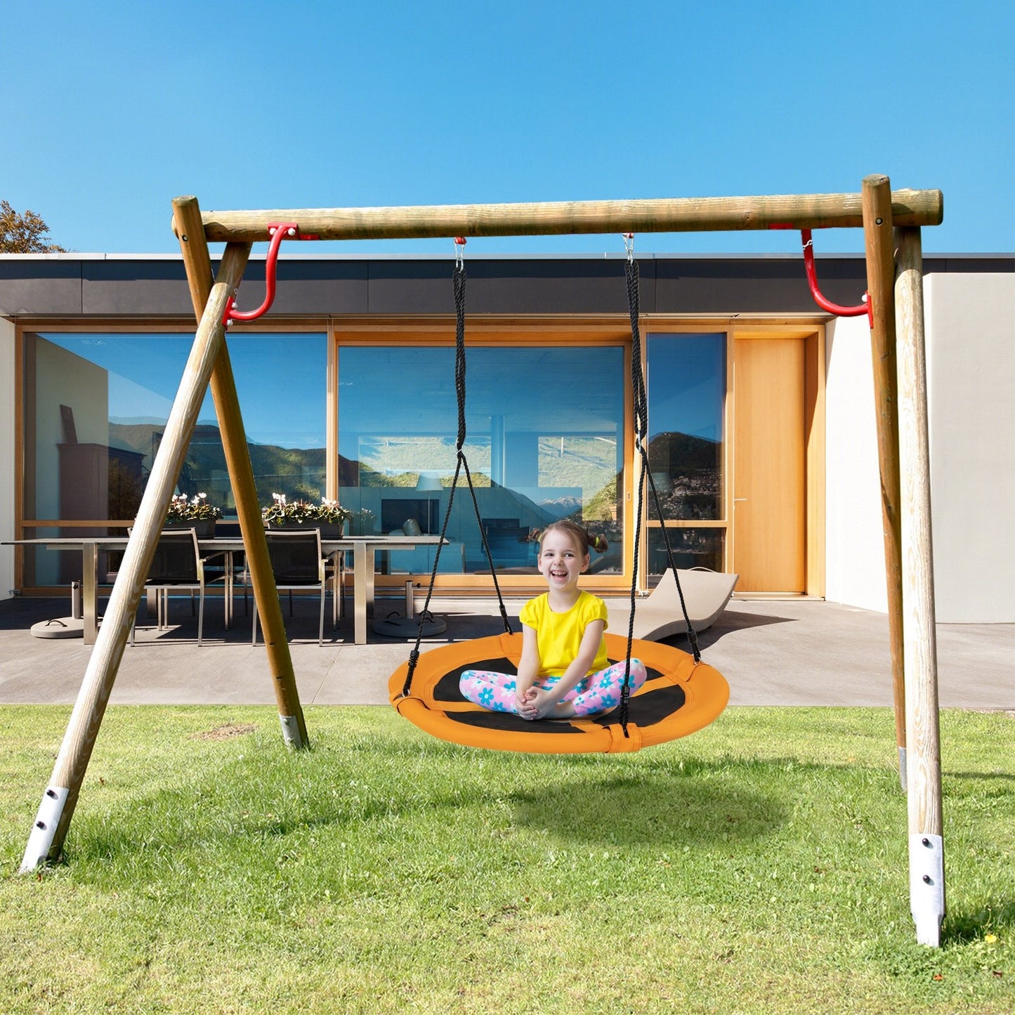 40 Inches Saucer Tree Swing Round with Adjustable Ropes and Carabiners-Green