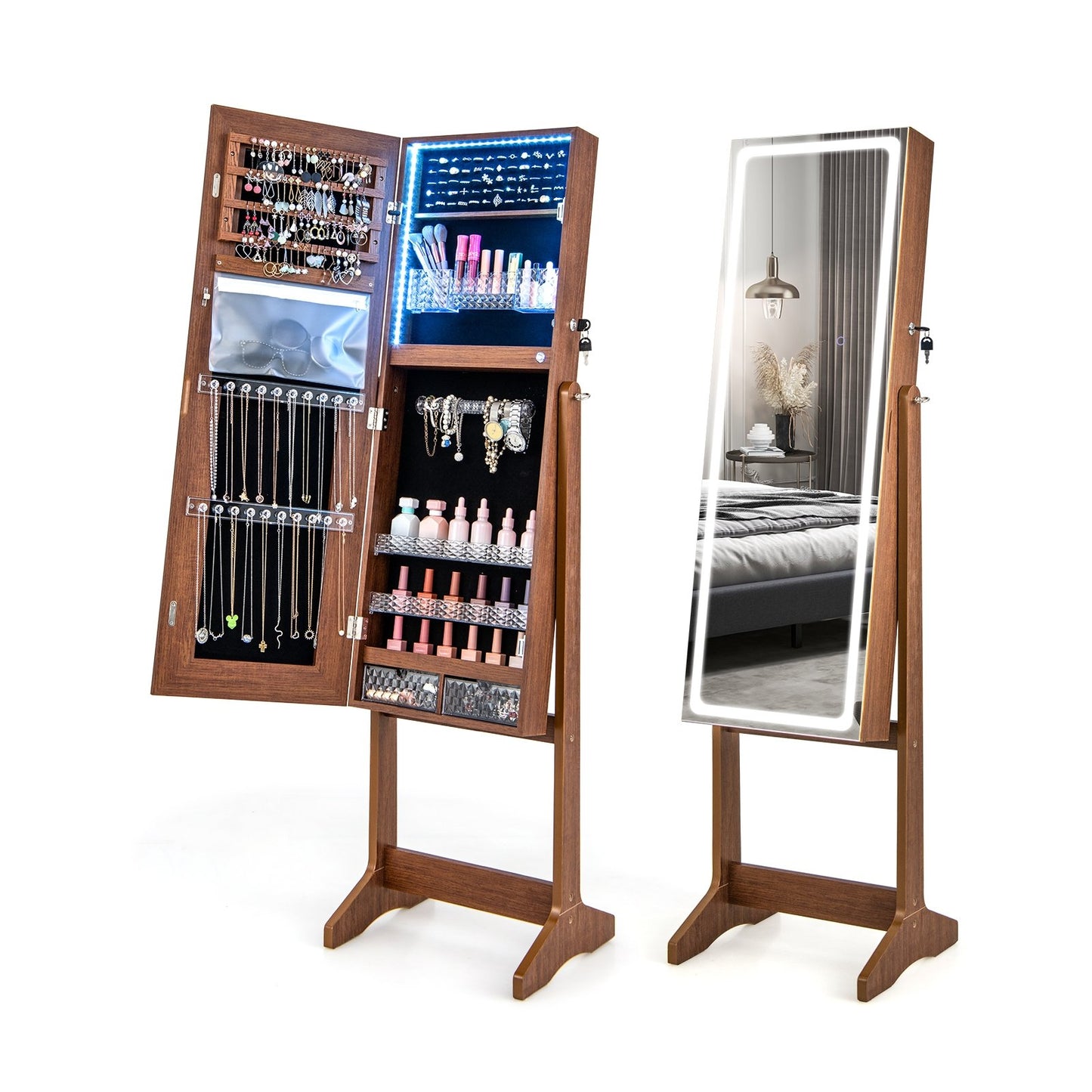 Lockable Jewelry Armoire Standing Cabinet with Lighted Full-Length Mirror-Rustic Brown