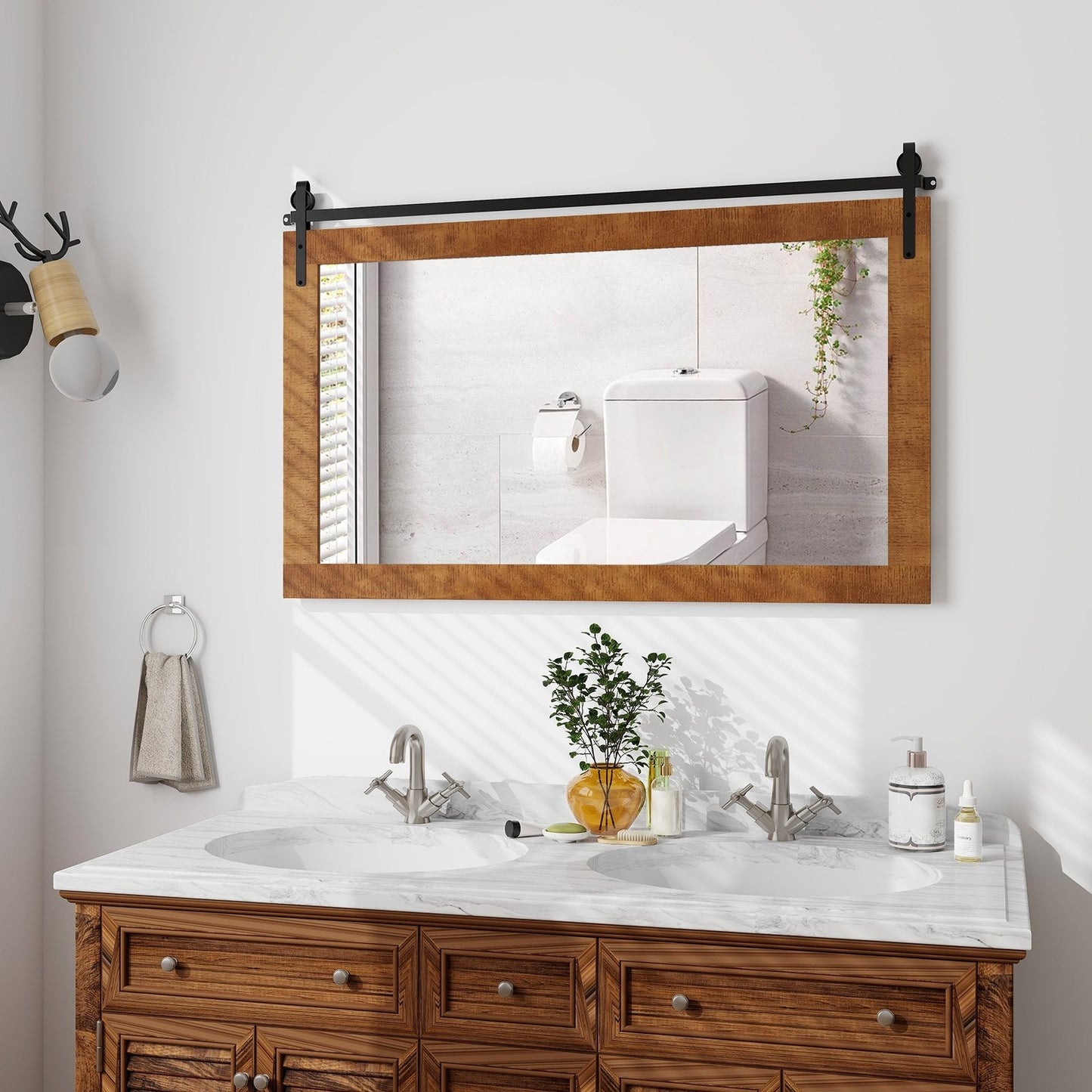 Rectangle Barn Door Style Wall Mounted Mirror with Solid Wood Frame-Black